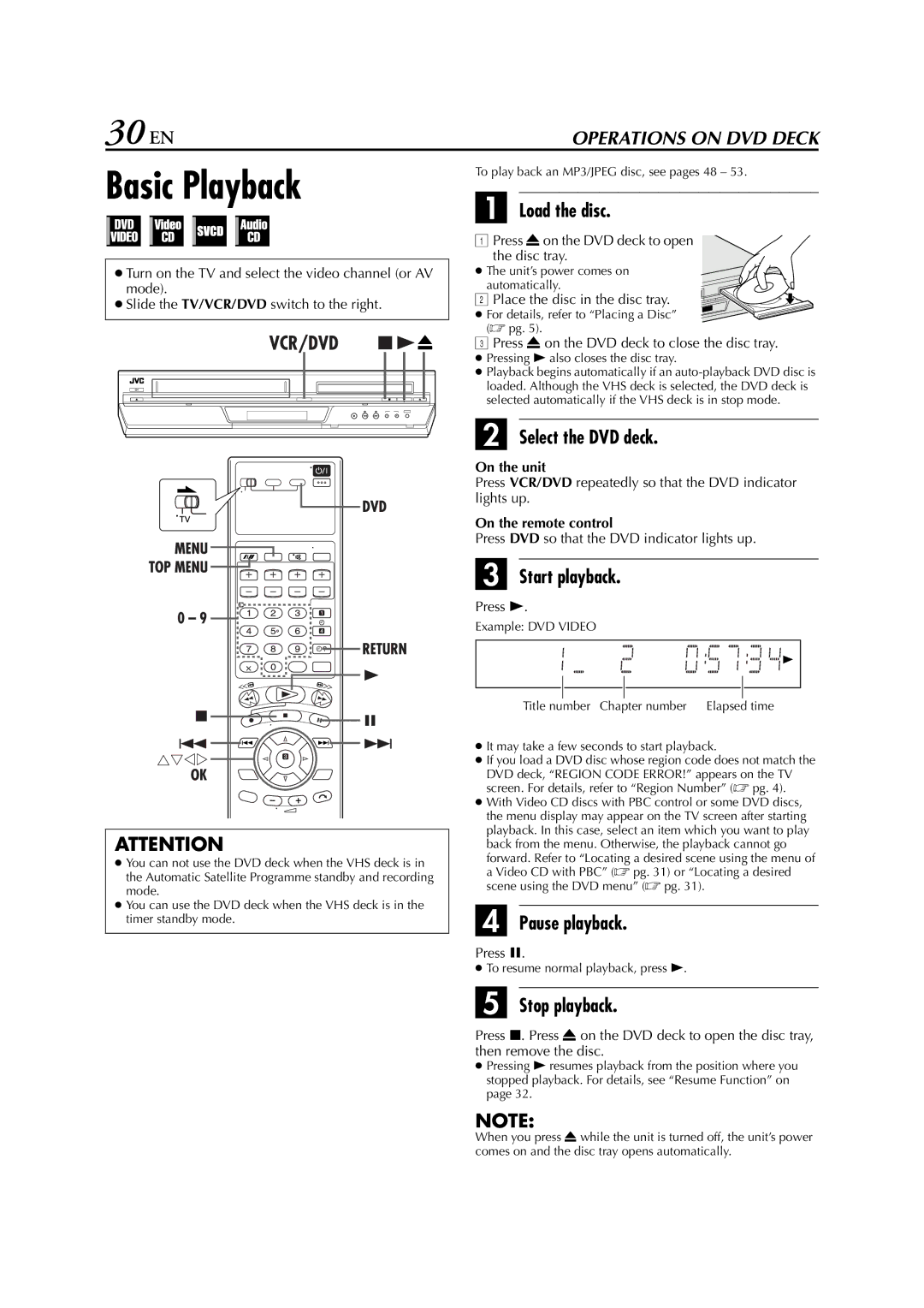 JVC HR-XV3E manual 30 EN, Load the disc, Pause playback 