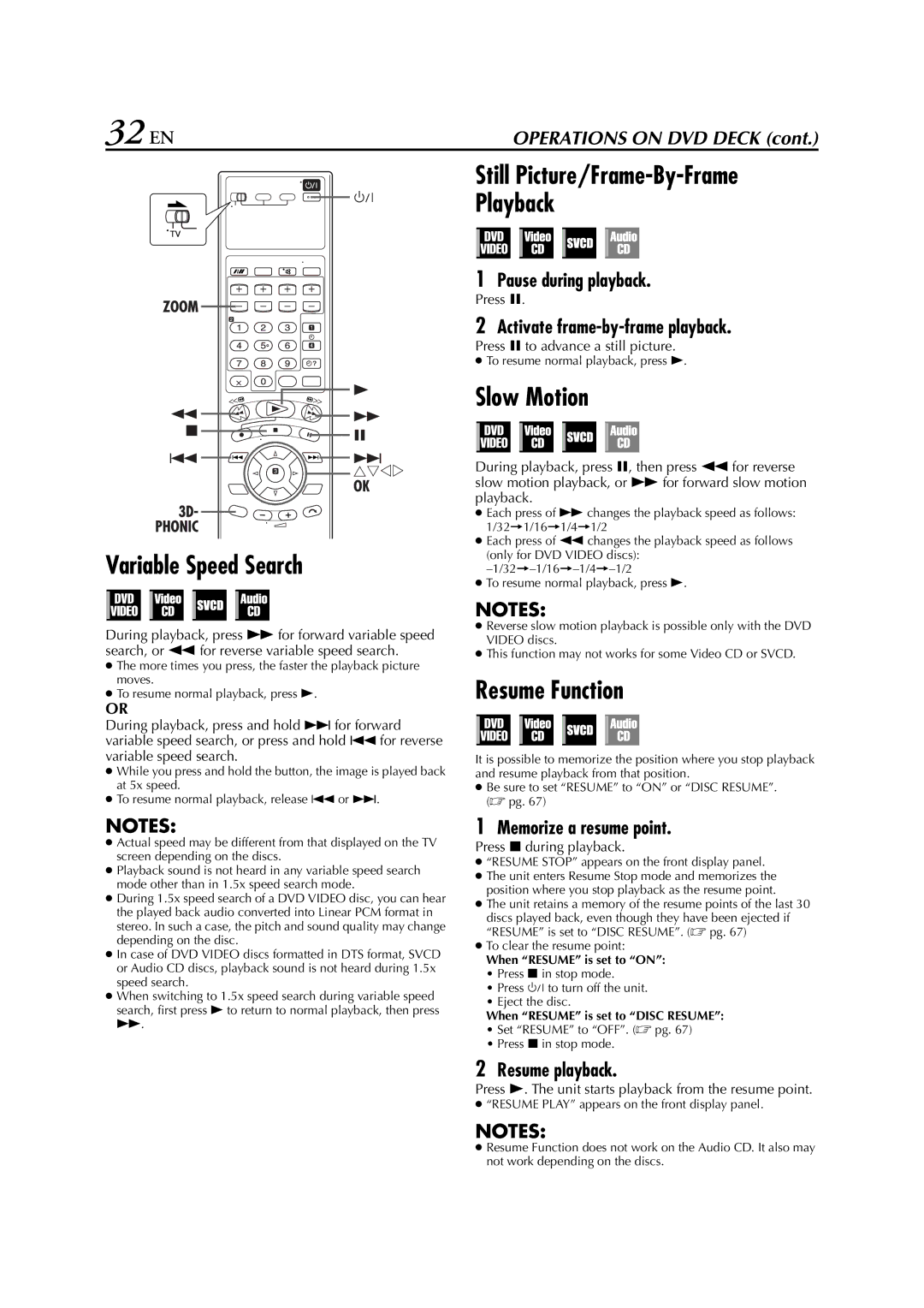 JVC HR-XV3E manual 32 EN, Resume Function, Memorize a resume point, Resume playback 