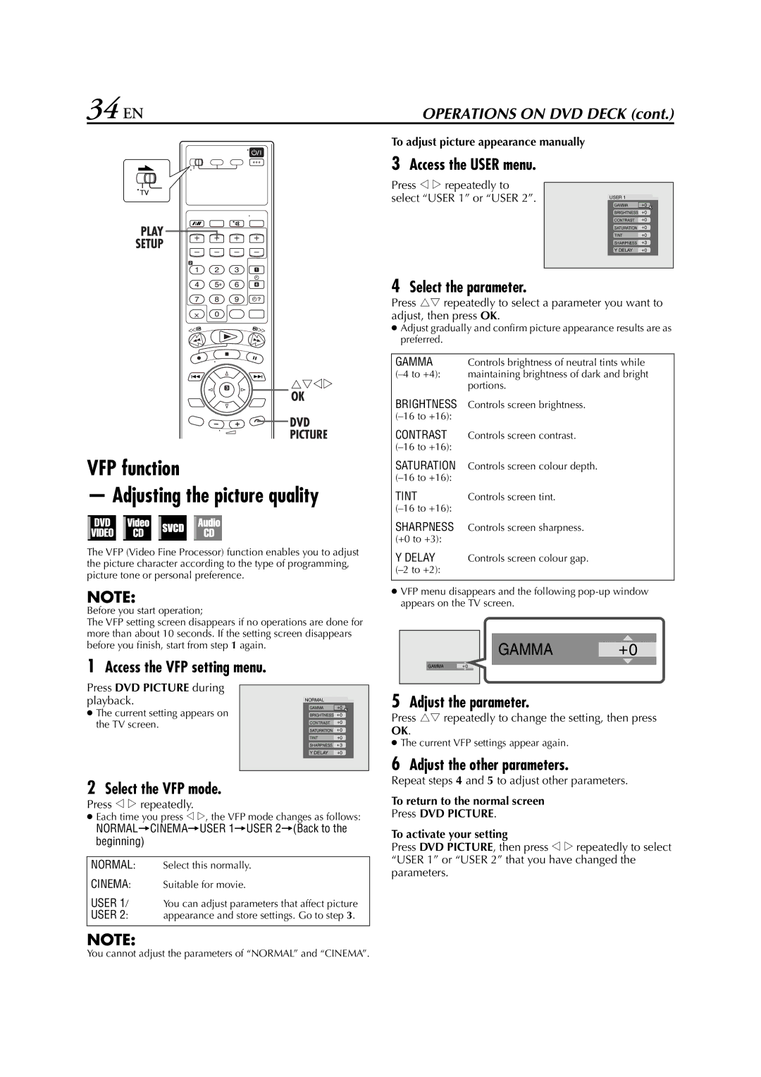 JVC HR-XV3E manual 34 EN, VFP function Adjusting the picture quality 