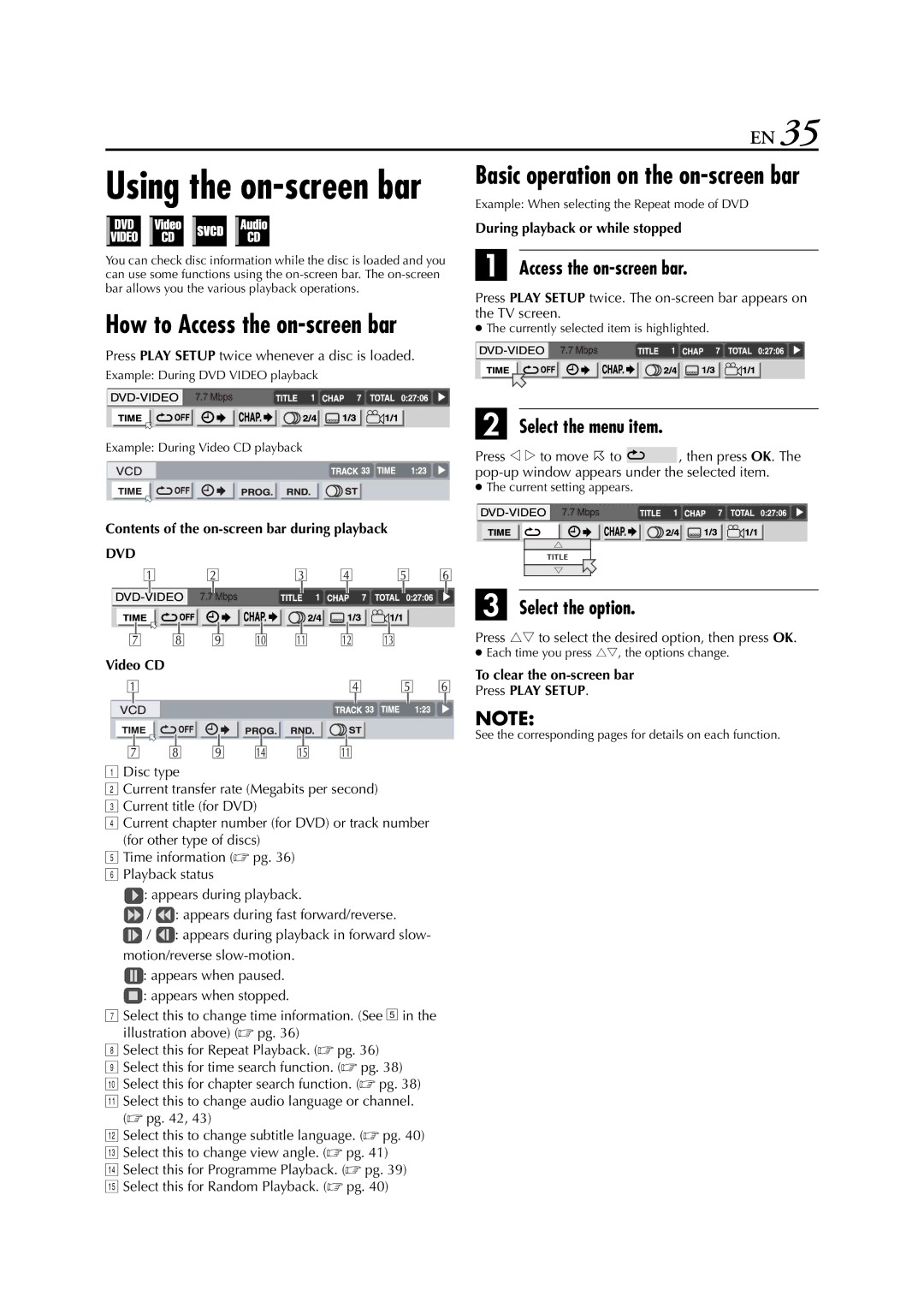 JVC HR-XV3E manual Access the on-screen bar, Select the option 