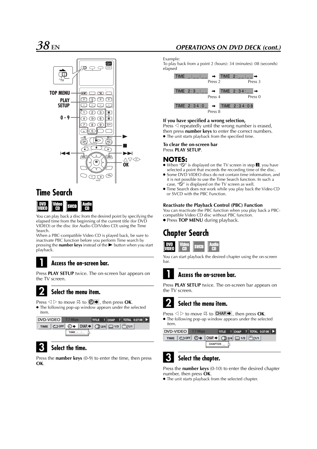 JVC HR-XV3E manual 38 EN, Time Search, Chapter Search 