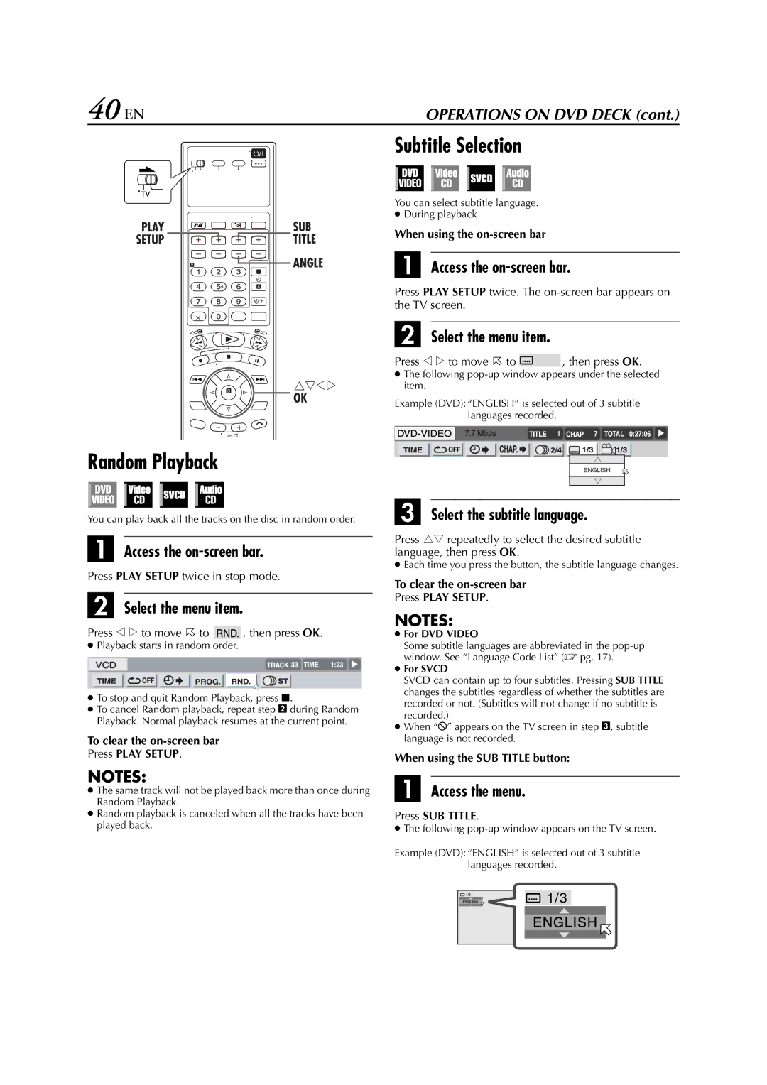 JVC HR-XV3E manual 40 EN, Random Playback, Subtitle Selection, Select the subtitle language, Access the menu 