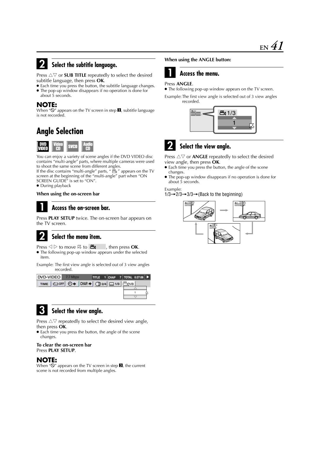 JVC HR-XV3E manual Angle Selection, Select the view angle, Press Angle, 32/33/3Back to the beginning 