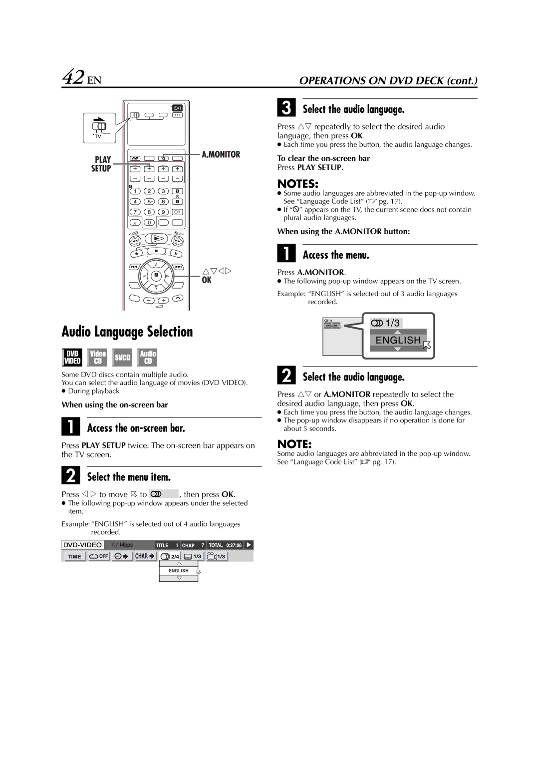 JVC HR-XV3E manual Audio Language Selection, Select the audio language, When using the A.MONITOR button, Press A.MONITOR 