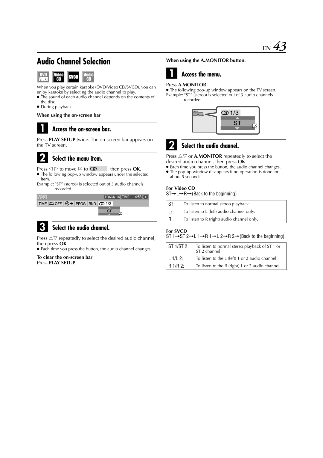 JVC HR-XV3E manual Audio Channel Selection, Select the audio channel, For Video CD, For Svcd 