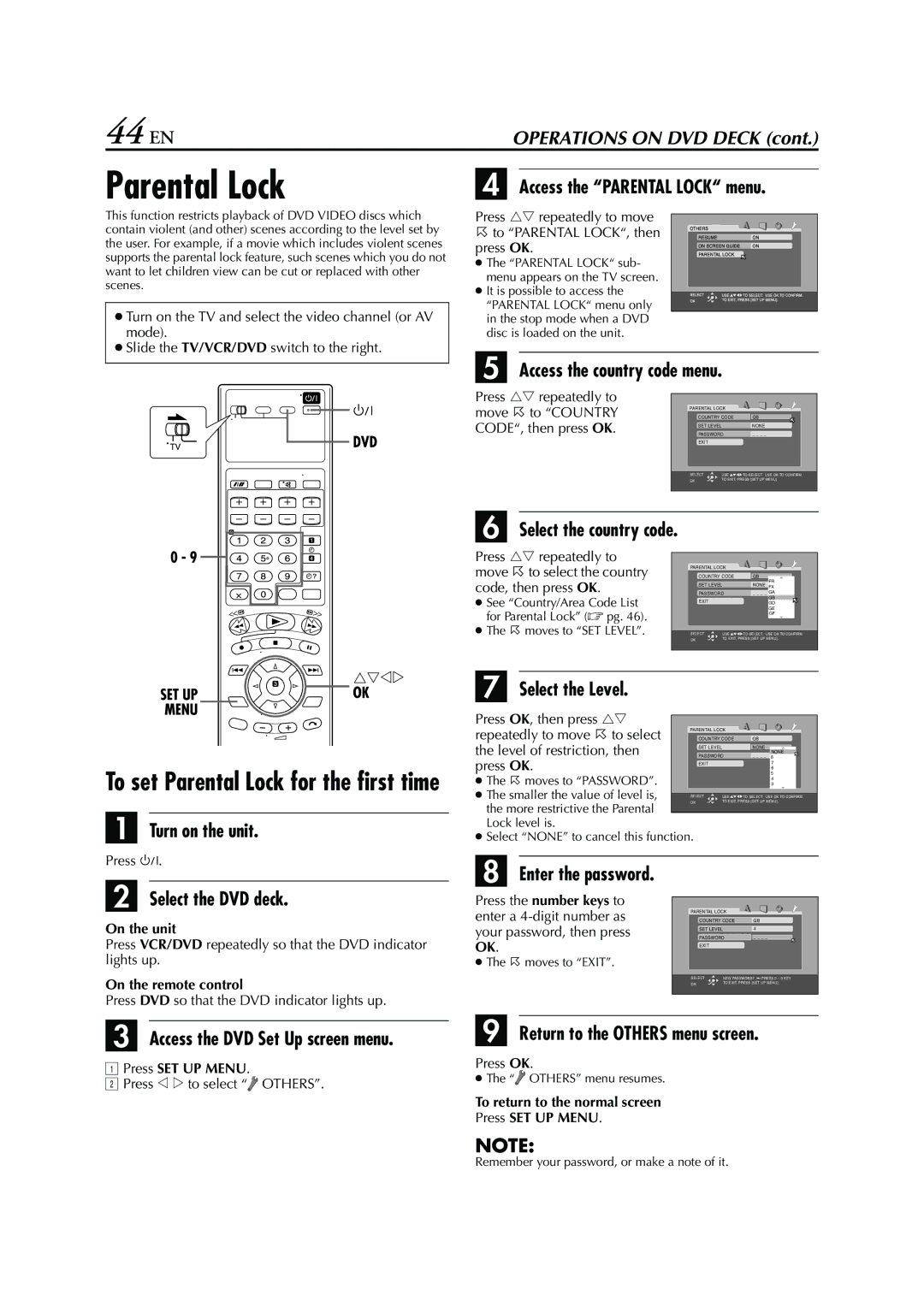 JVC HR-XV3E manual 44 EN, Parental Lock 