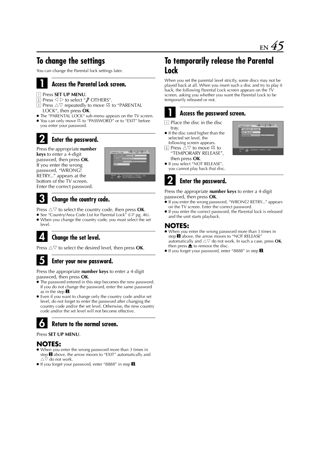 JVC HR-XV3E manual To change the settings, To temporarily release the Parental Lock 