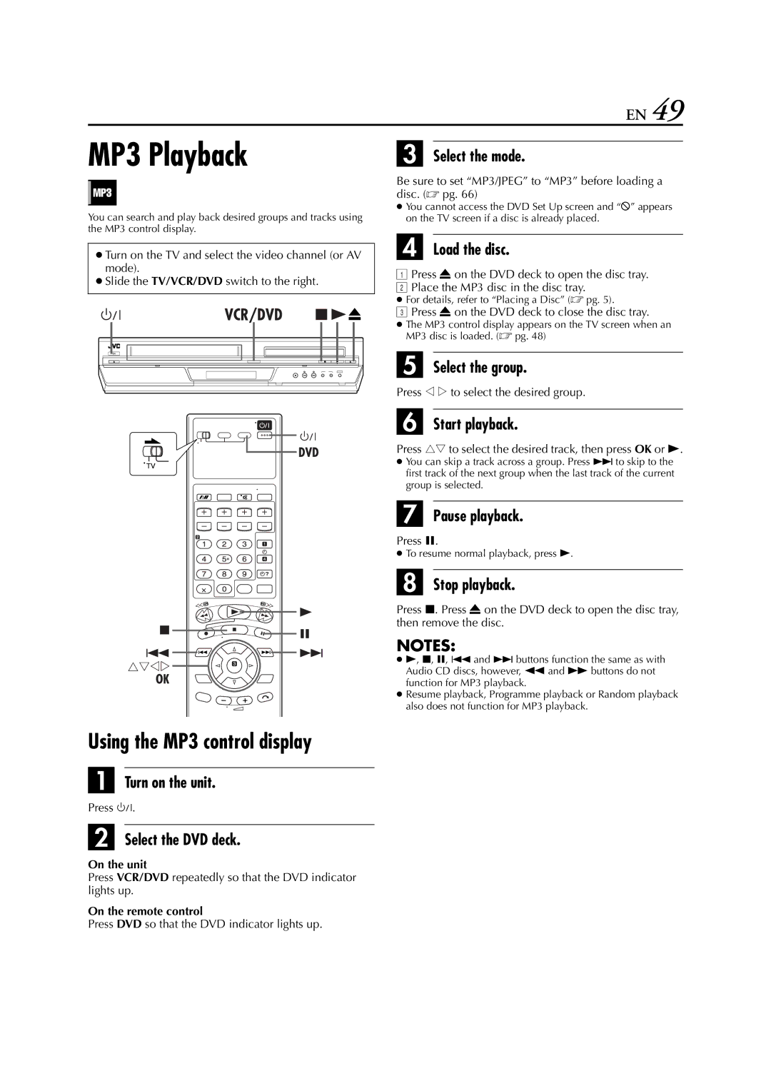 JVC HR-XV3E manual MP3 Playback, Using the MP3 control display, Select the group, Press w e to select the desired group 