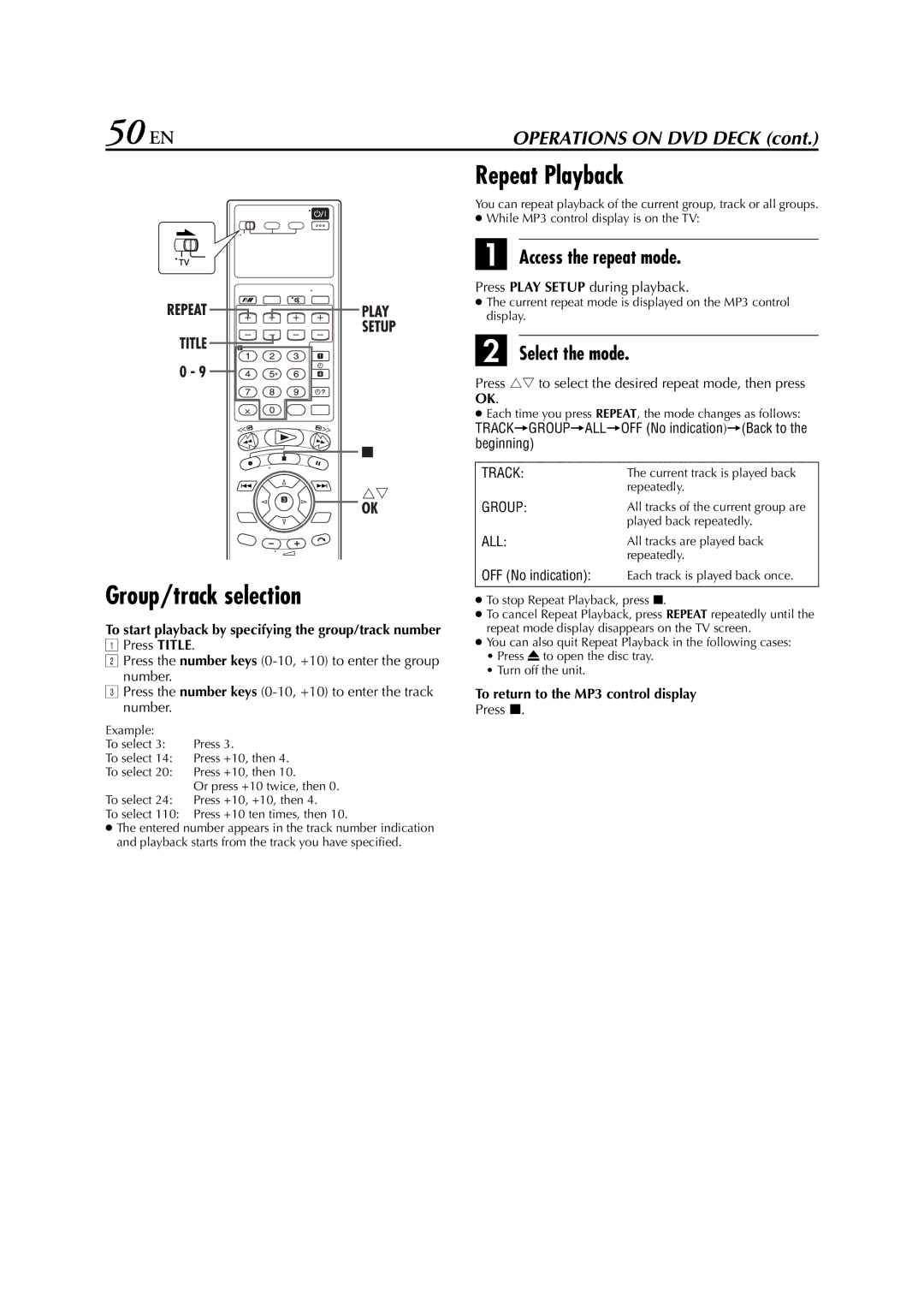 JVC HR-XV3E manual 50 EN, Group/track selection, To start playback by specifying the group/track number 