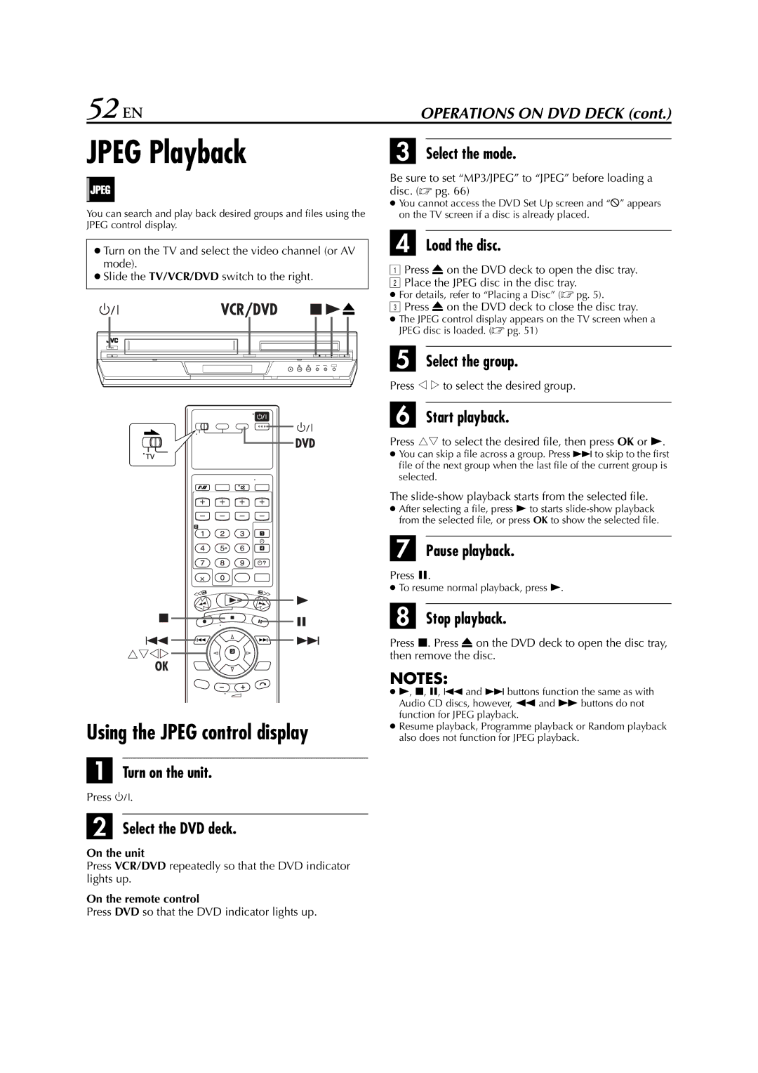 JVC HR-XV3E 52 EN, Jpeg Playback, Using the Jpeg control display, Press rt to select the desired file, then press OK or 