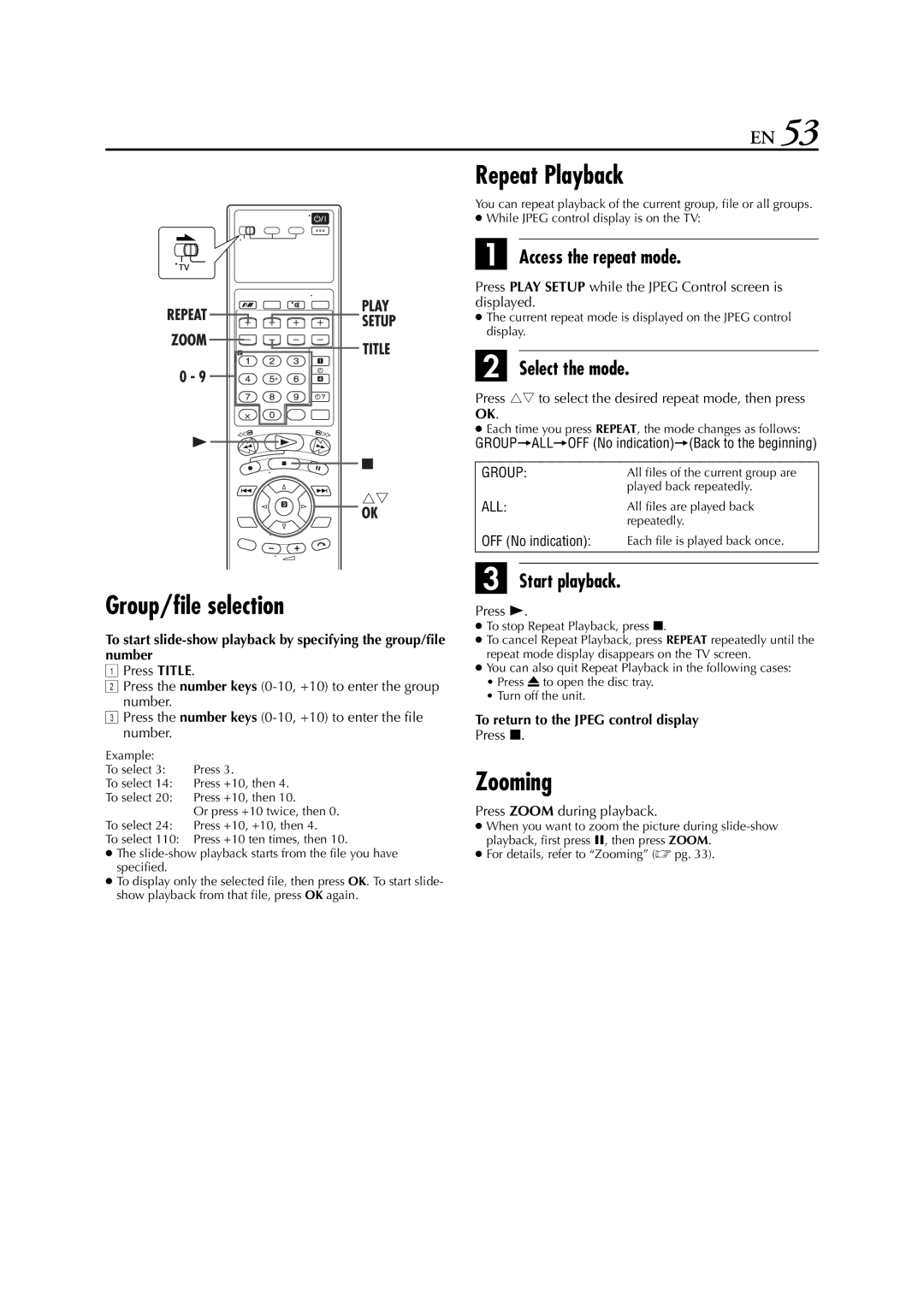 JVC HR-XV3E manual Group/file selection, Zooming, To return to the Jpeg control display 