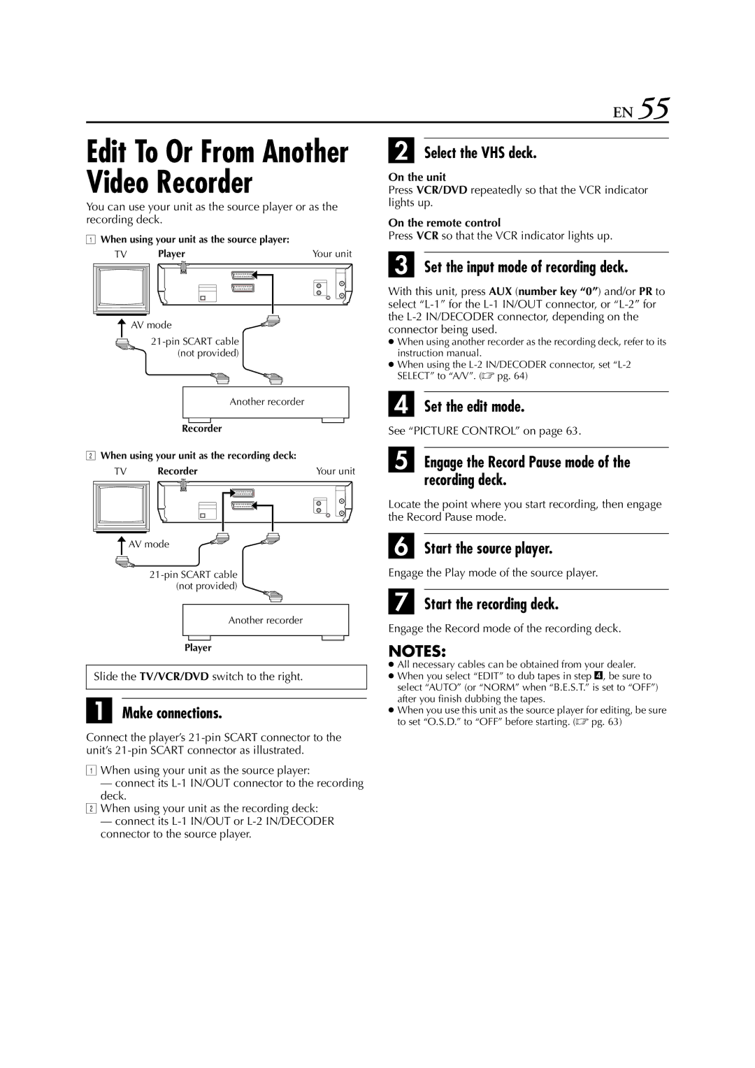 JVC HR-XV3E manual Set the input mode of recording deck, Engage the Record Pause mode of the recording deck 