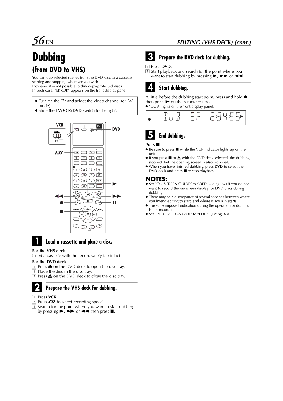 JVC HR-XV3E manual 56 EN, Dubbing, From DVD to VHS 