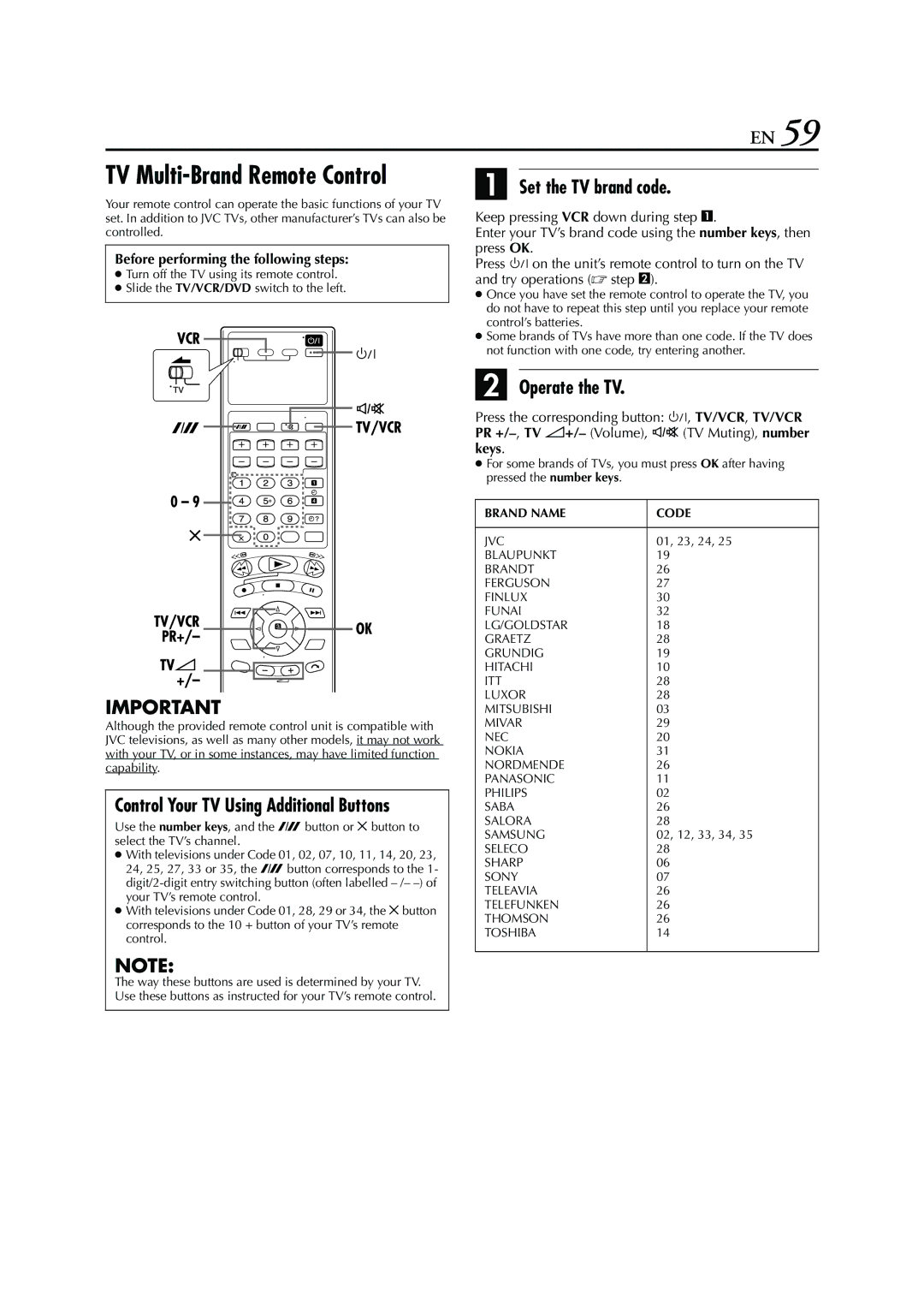 JVC HR-XV3E manual TV Multi-Brand Remote Control, Set the TV brand code, Operate the TV, 01, 23, 24, 02, 12, 33, 34 