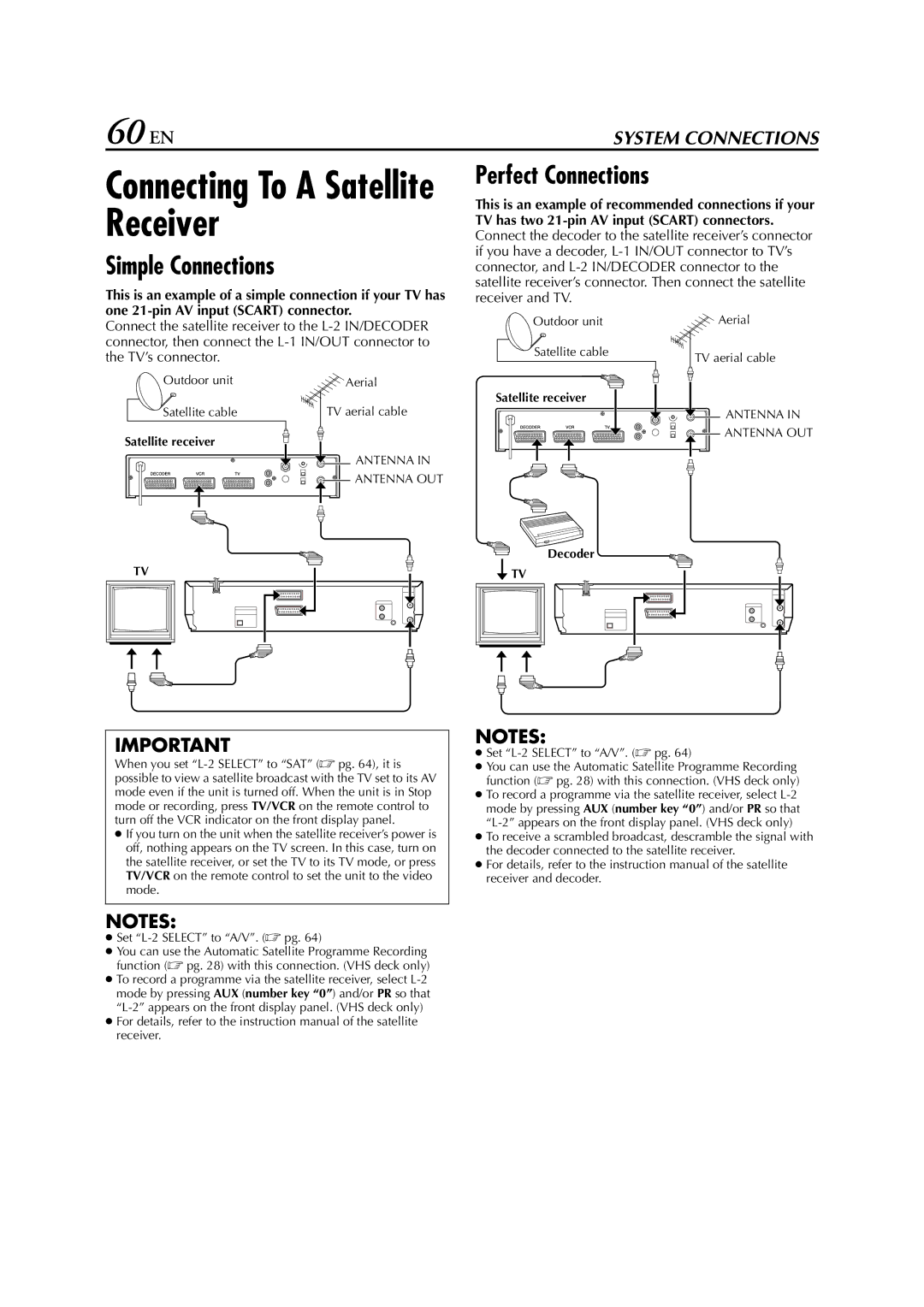 JVC HR-XV3E manual 60 EN, Connecting To a Satellite Receiver, Simple Connections, Perfect Connections 