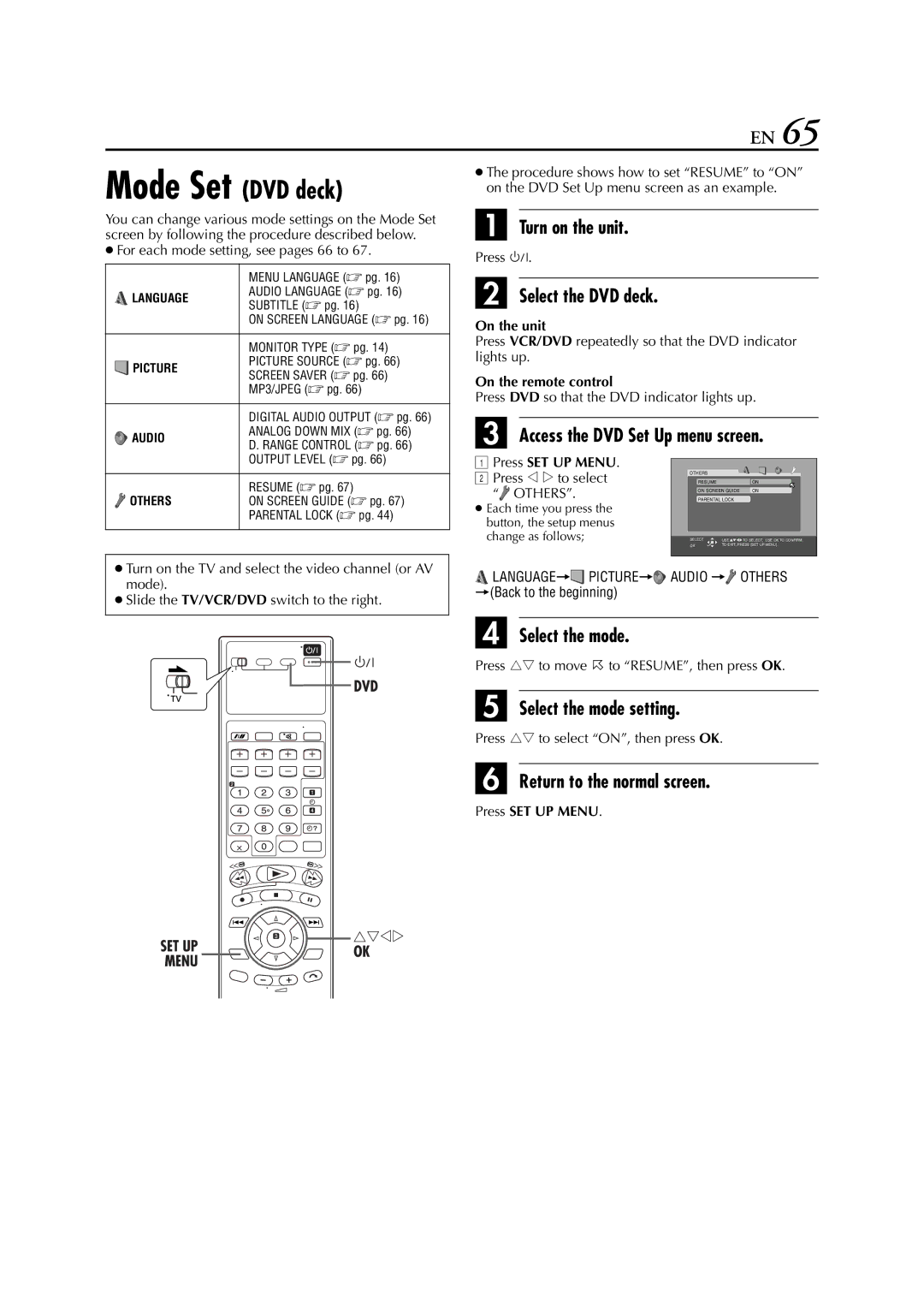 JVC HR-XV3E Mode Set DVD deck, For each mode setting, see pages 66 to, Others, Press rt to move H to RESUME, then press OK 