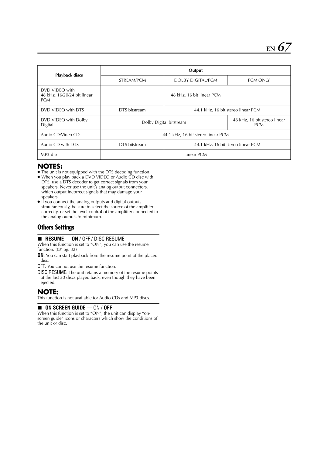 JVC HR-XV3E manual Others Settings, Playback discs, Digital, Audio CD/Video CD 