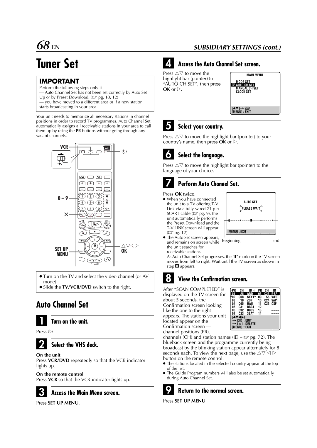 JVC HR-XV3E manual 68 EN, Tuner Set, Perform Auto Channel Set, View the Confirmation screen 