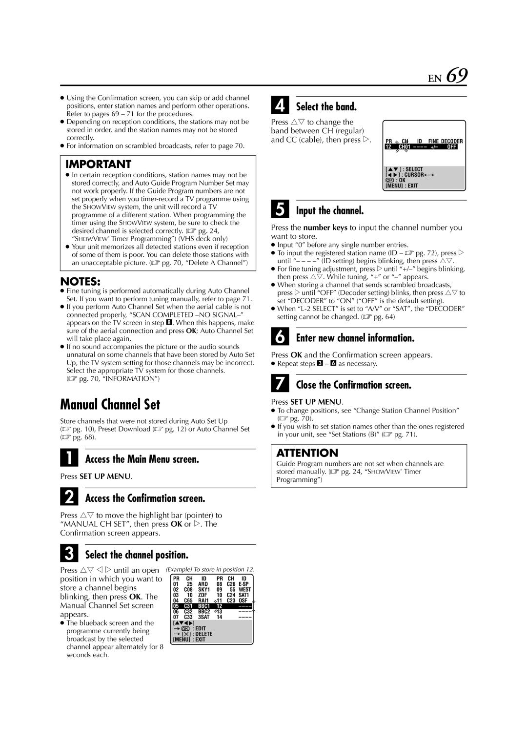 JVC HR-XV3E manual Manual Channel Set 