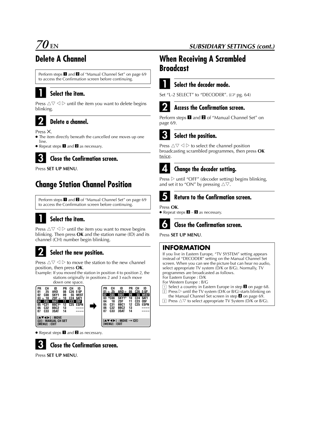 JVC HR-XV3E manual 70 EN, Delete a Channel, When Receiving a Scrambled Broadcast 