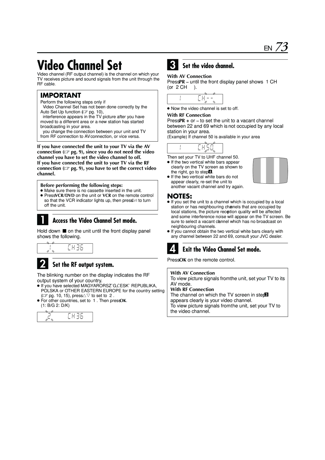 JVC HR-XV3E manual Access the Video Channel Set mode, Set the RF output system, Exit the Video Channel Set mode 