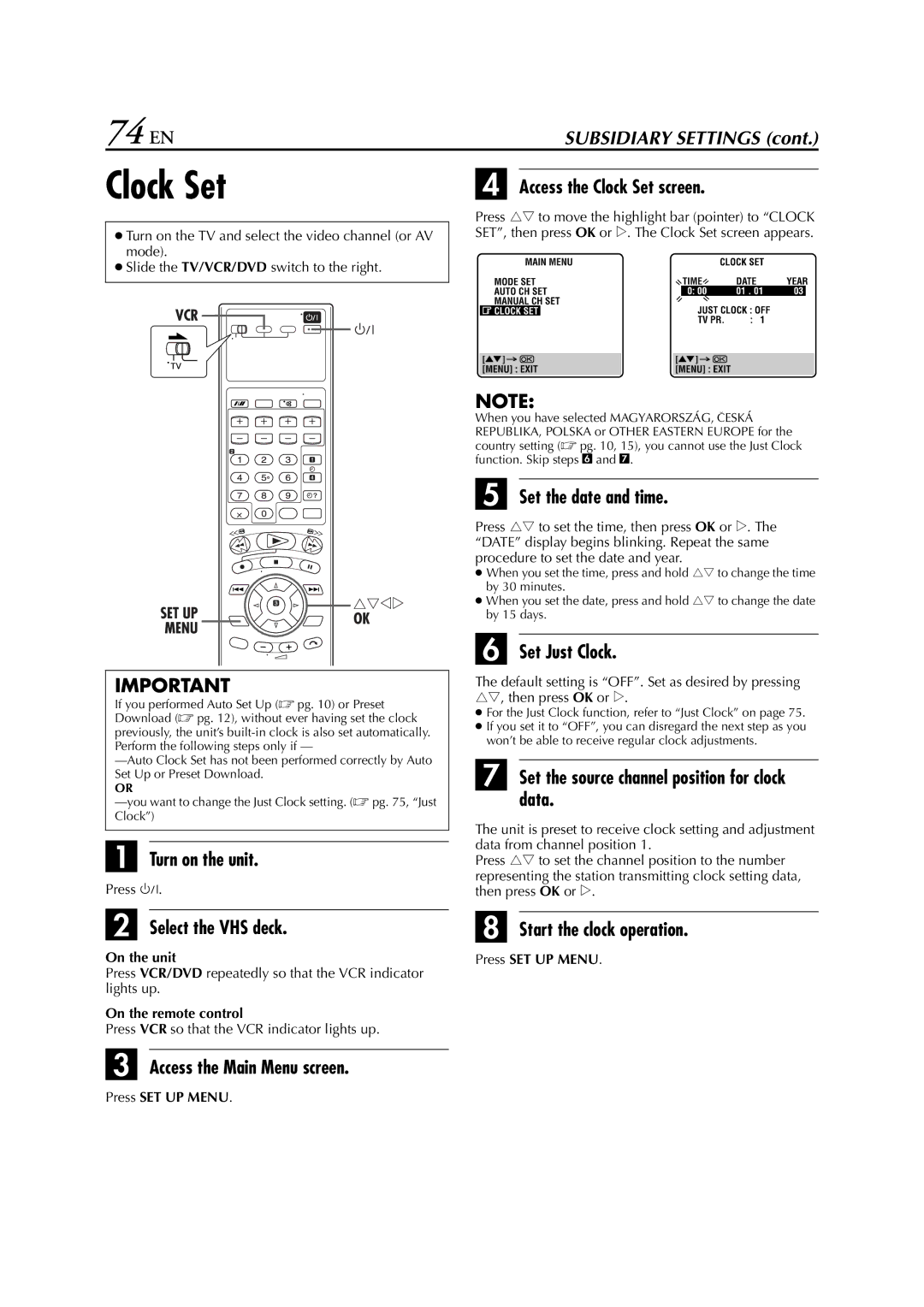 JVC HR-XV3E manual 74 EN, Clock Set 