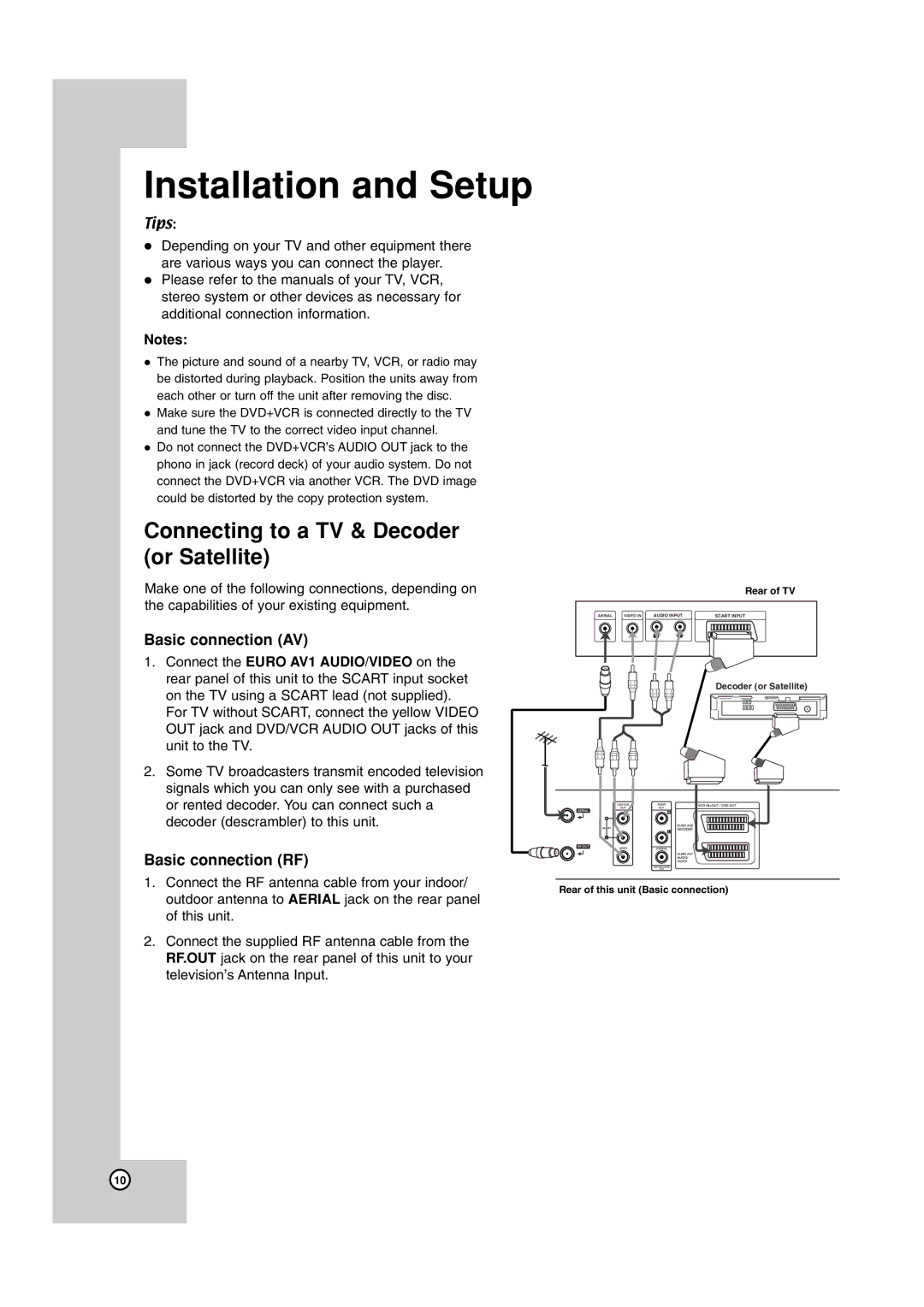 JVC HR-XV45SEK, 3834RV0038A manual Installation and Setup, Connecting to a TV & Decoder or Satellite 