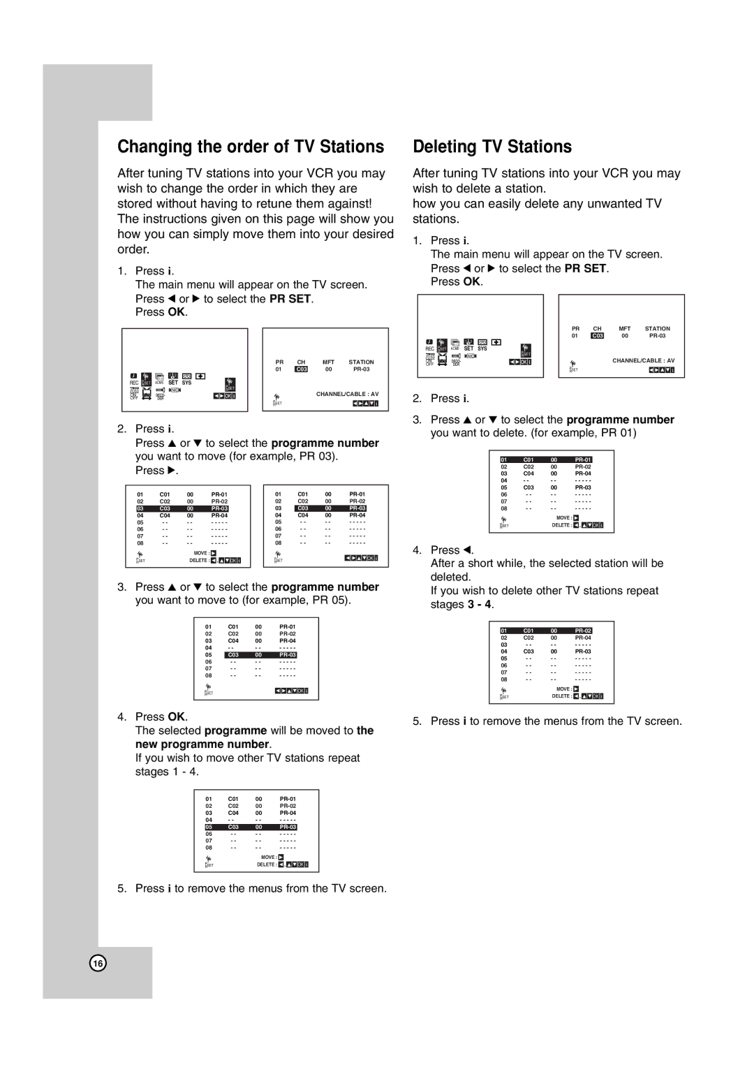 JVC HR-XV45SEK, 3834RV0038A manual Deleting TV Stations, Changing the order of TV Stations 