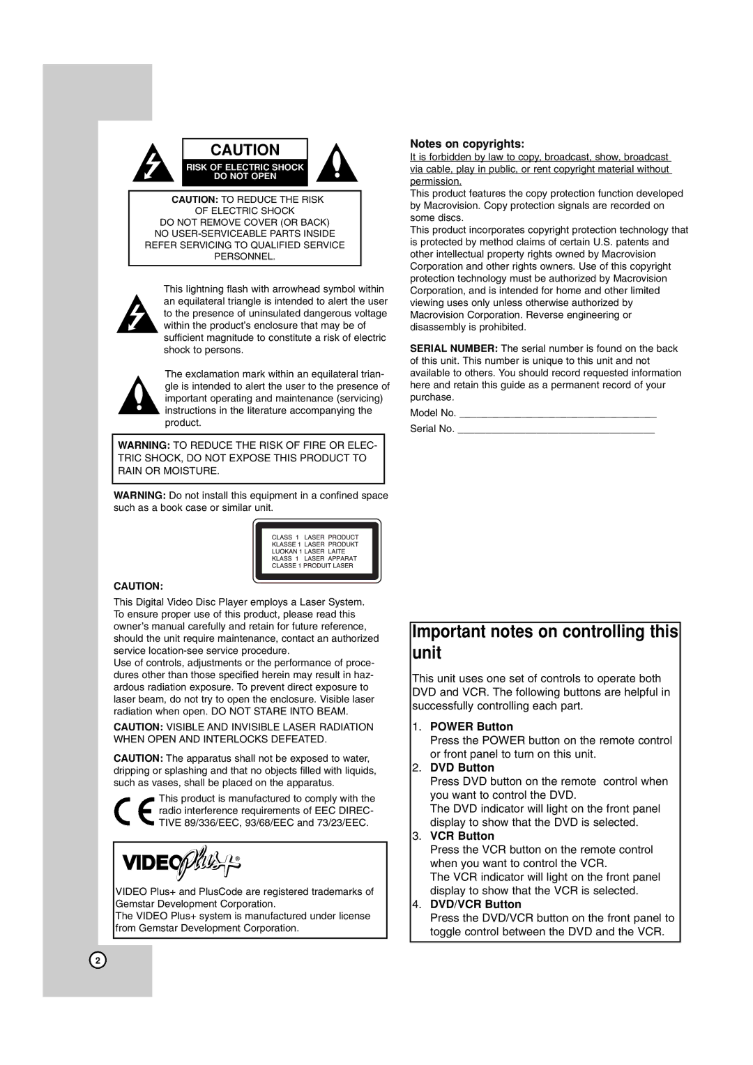 JVC HR-XV45SEK, 3834RV0038A manual Important notes on controlling this unit, Power Button, DVD Button, DVD/VCR Button 