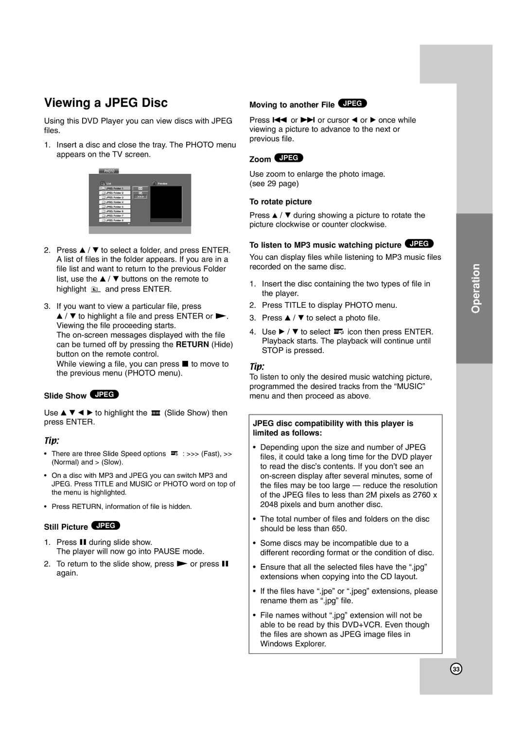 JVC 3834RV0038A, HR-XV45SEK manual Viewing a Jpeg Disc 