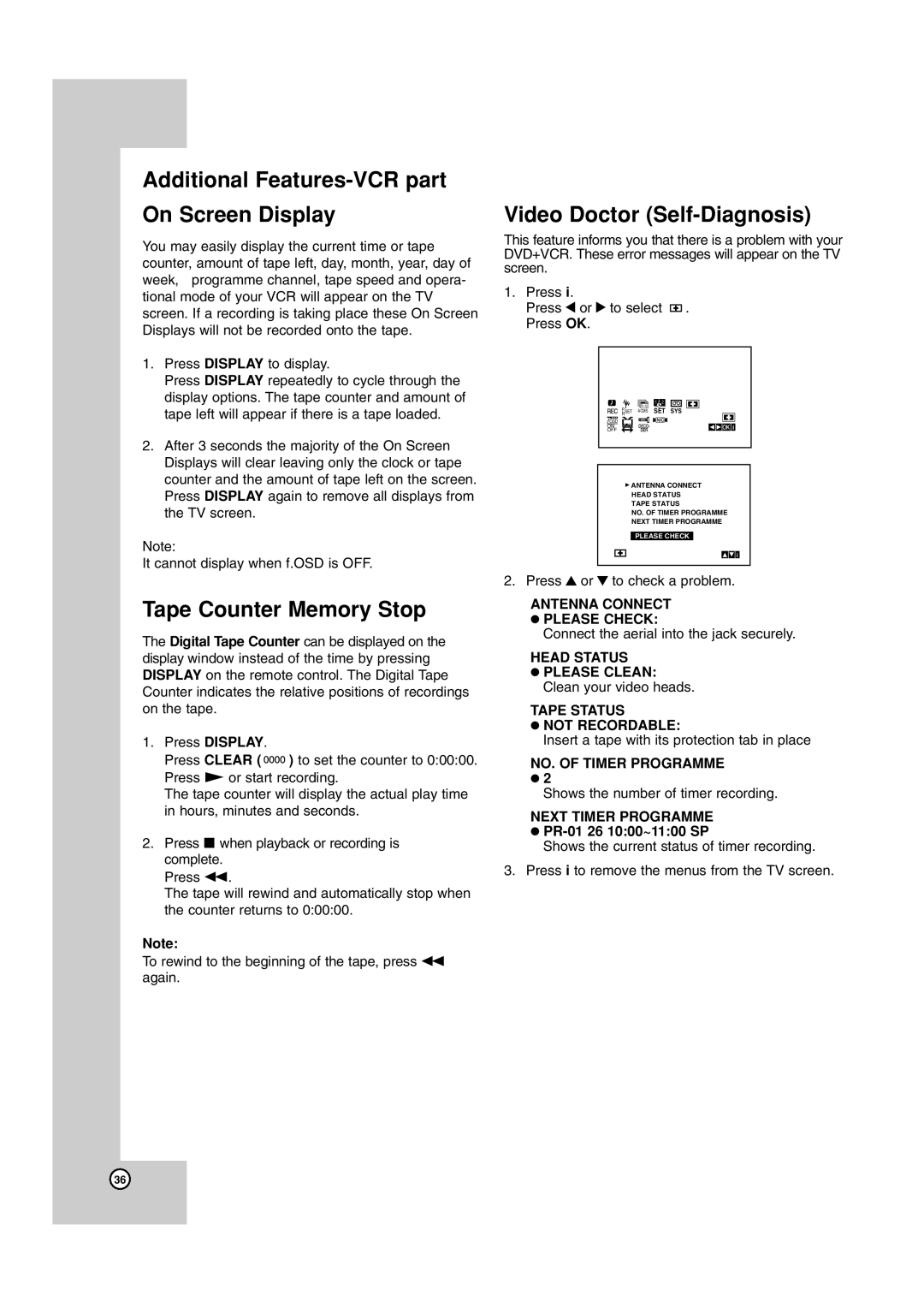 JVC HR-XV45SEK manual Additional Features-VCR part On Screen Display, Tape Counter Memory Stop, Video Doctor Self-Diagnosis 