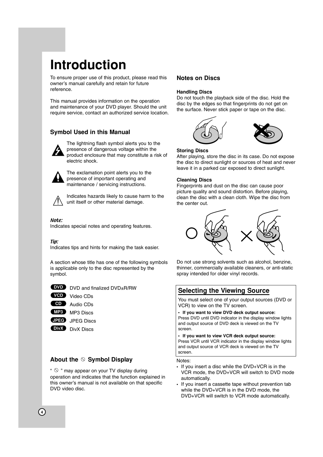 JVC HR-XV45SEK manual Symbol Used in this Manual, About the Symbol Display, Handling Discs, Storing Discs, Cleaning Discs 