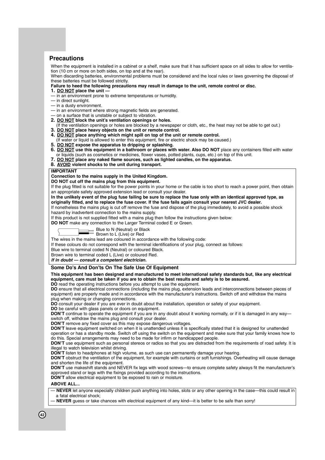 JVC HR-XV45SEK, 3834RV0038A manual Precautions, Some Dos And Donts On The Safe Use Of Equipment 