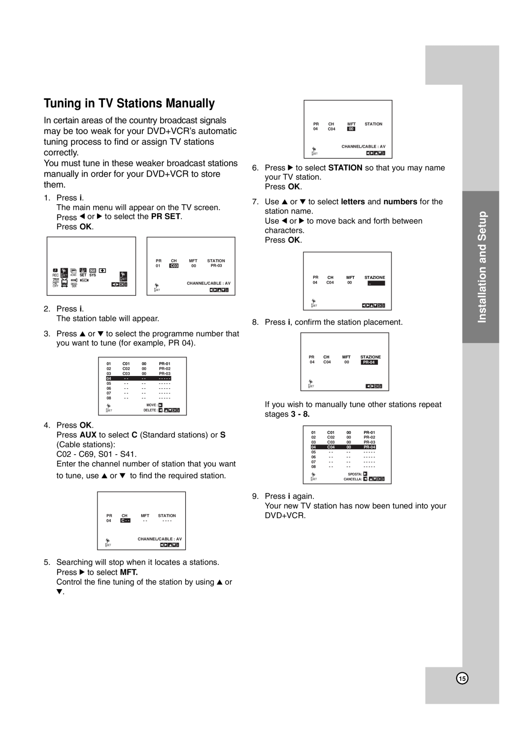 JVC 3834RV0038A, HR-XV45SEK manual Tuning in TV Stations Manually, Installation and Setup 