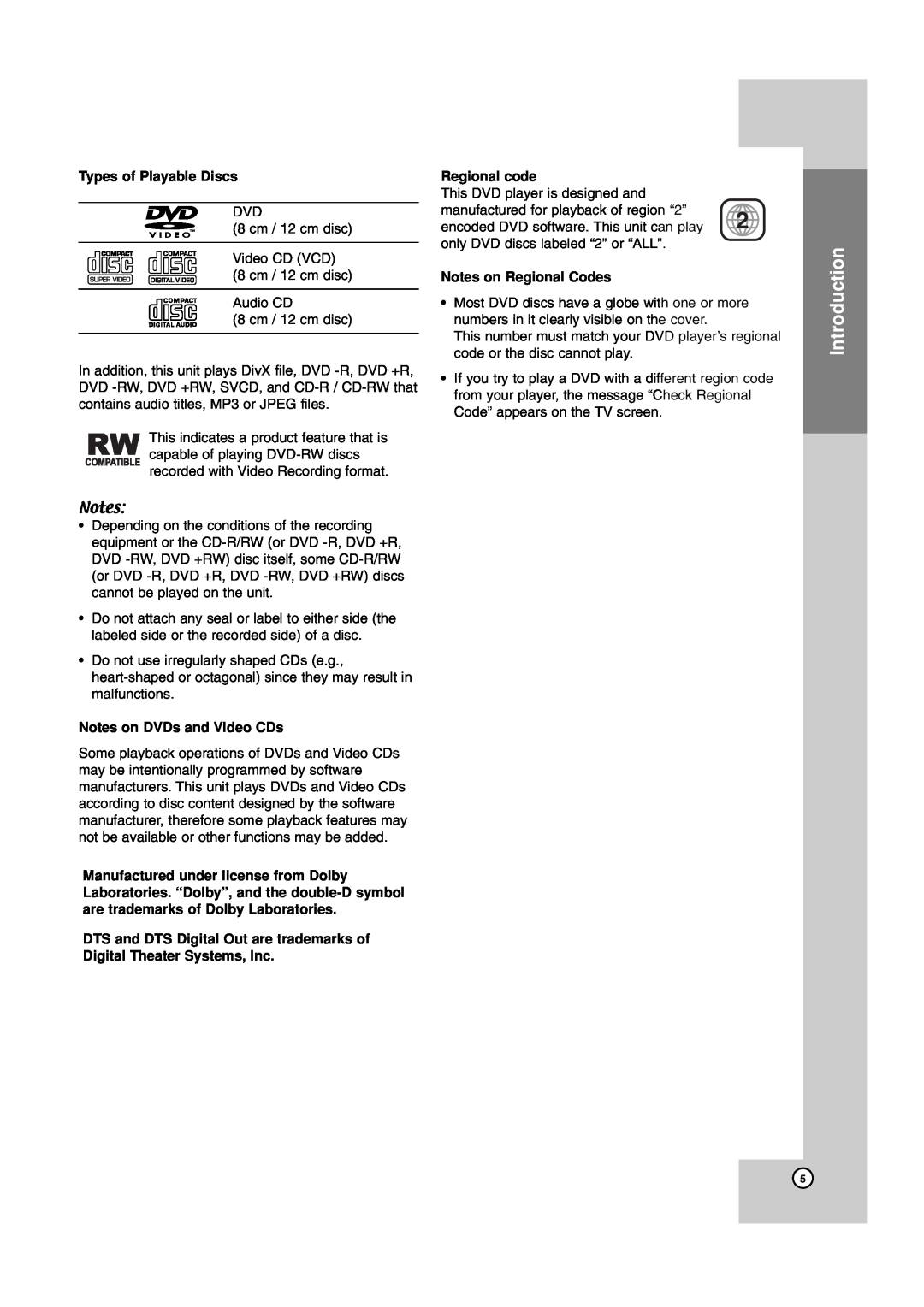 JVC 3834RV0038A Introduction, Types of Playable Discs, Notes on DVDs and Video CDs, Regional code, Notes on Regional Codes 