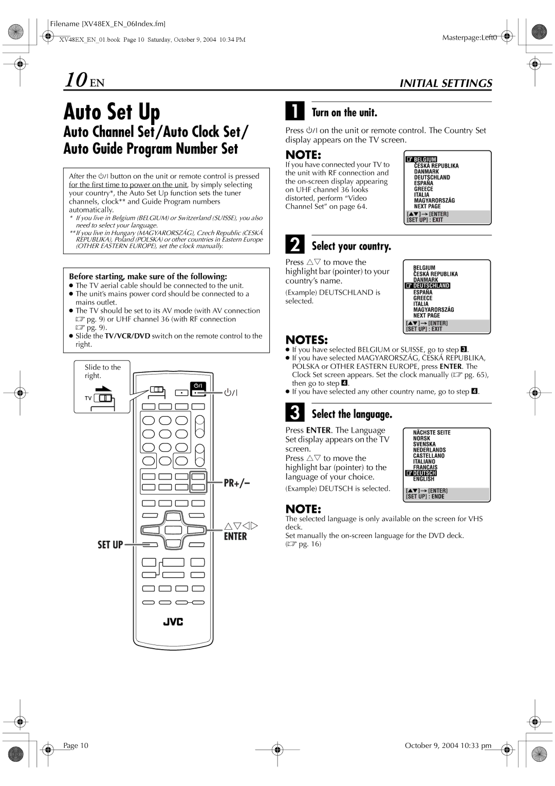 JVC HR-XV48E manual 10 EN, Auto Set Up, Turn on the unit, Select your country, Select the language 