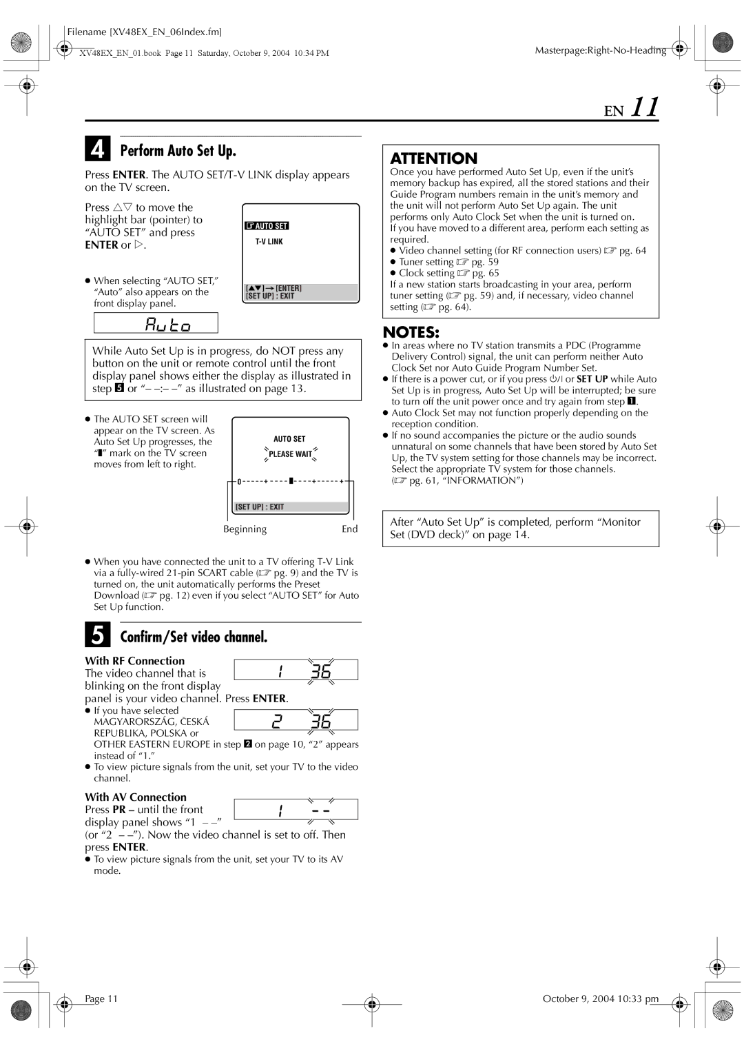 JVC HR-XV48E manual Perform Auto Set Up, Confirm/Set video channel, Enter or e, With RF Connection 