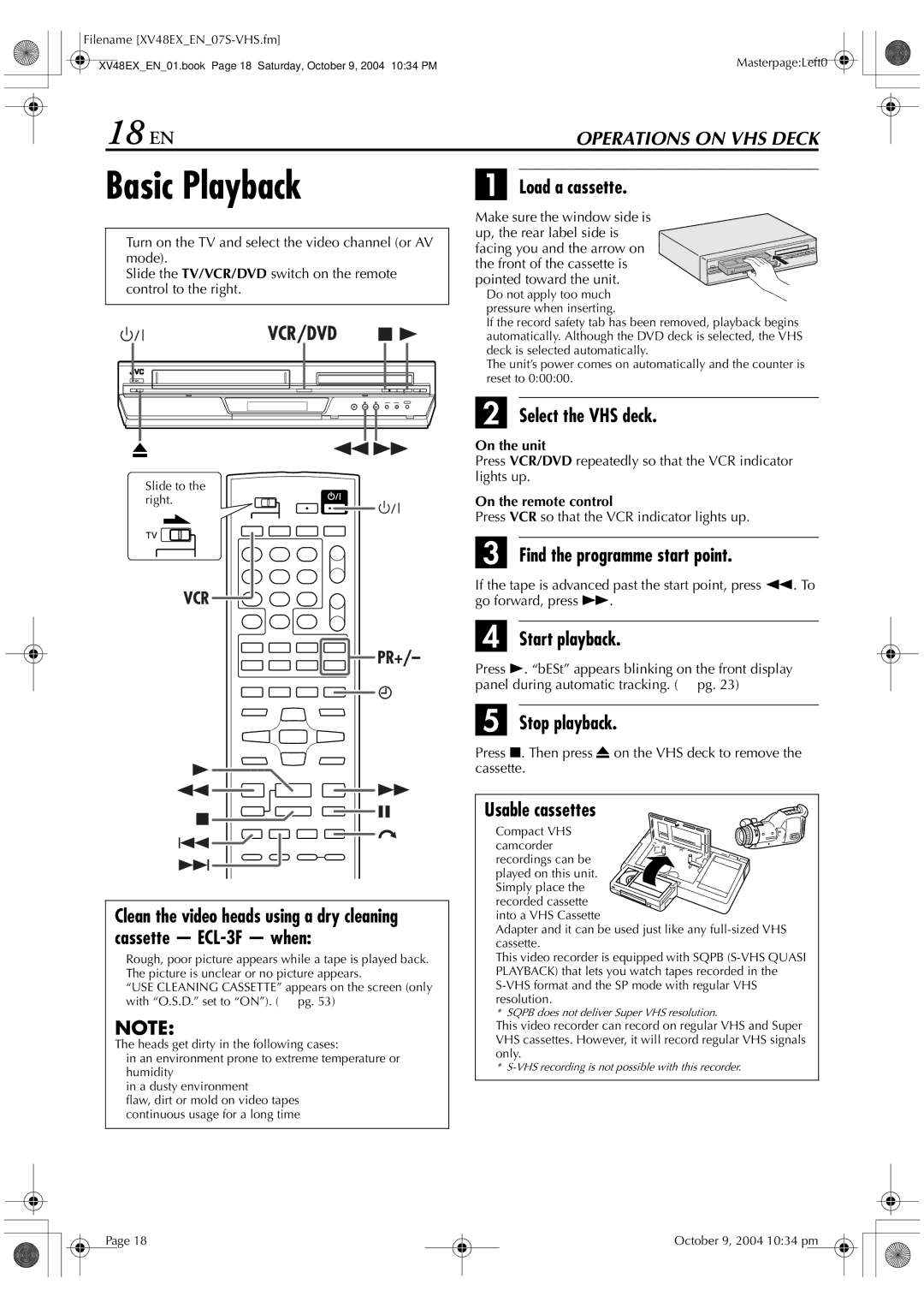 JVC HR-XV48E manual 18 EN, Load a cassette 