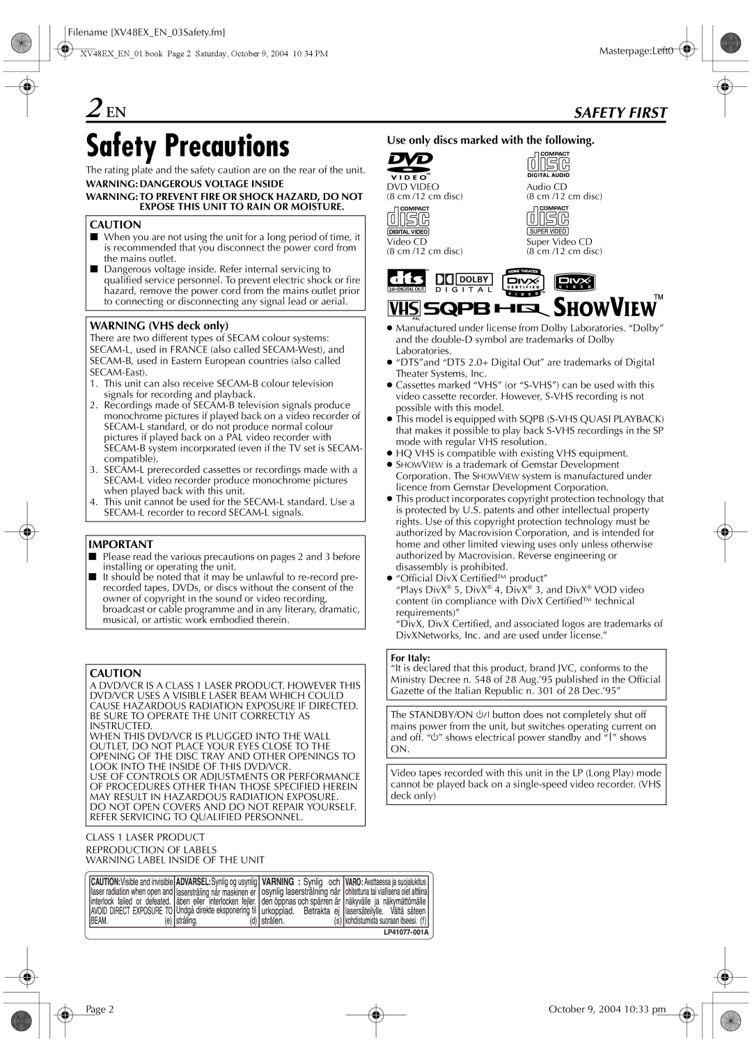 JVC HR-XV48E Safety Precautions, Use only discs marked with the following, Filename XV48EXEN03Safety.fm, Mains outlet 