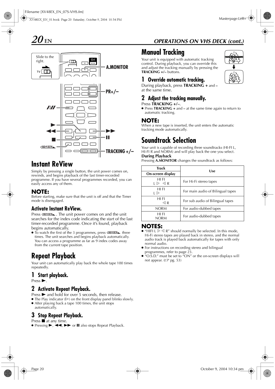 JVC HR-XV48E manual 20 EN, Manual Tracking, Soundtrack Selection, Instant ReView, Repeat Playback 