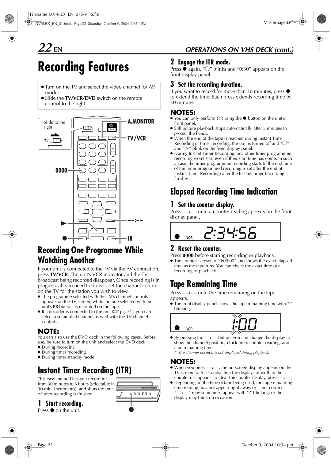 JVC HR-XV48E manual 22 EN, Recording Features, Instant Timer Recording ITR, Elapsed Recording Time Indication 