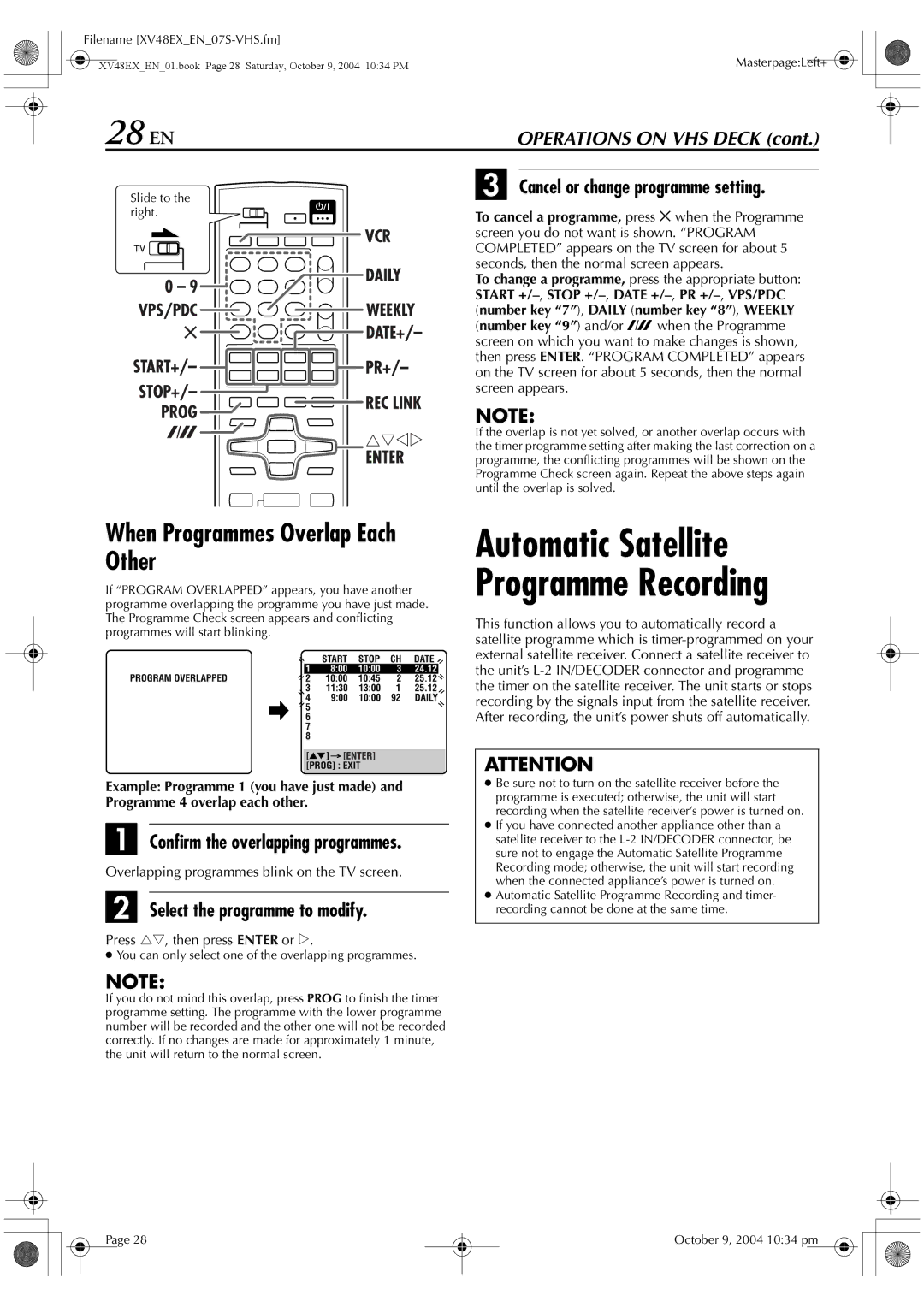 JVC HR-XV48E 28 EN, When Programmes Overlap Each Other, Cancel or change programme setting, Select the programme to modify 