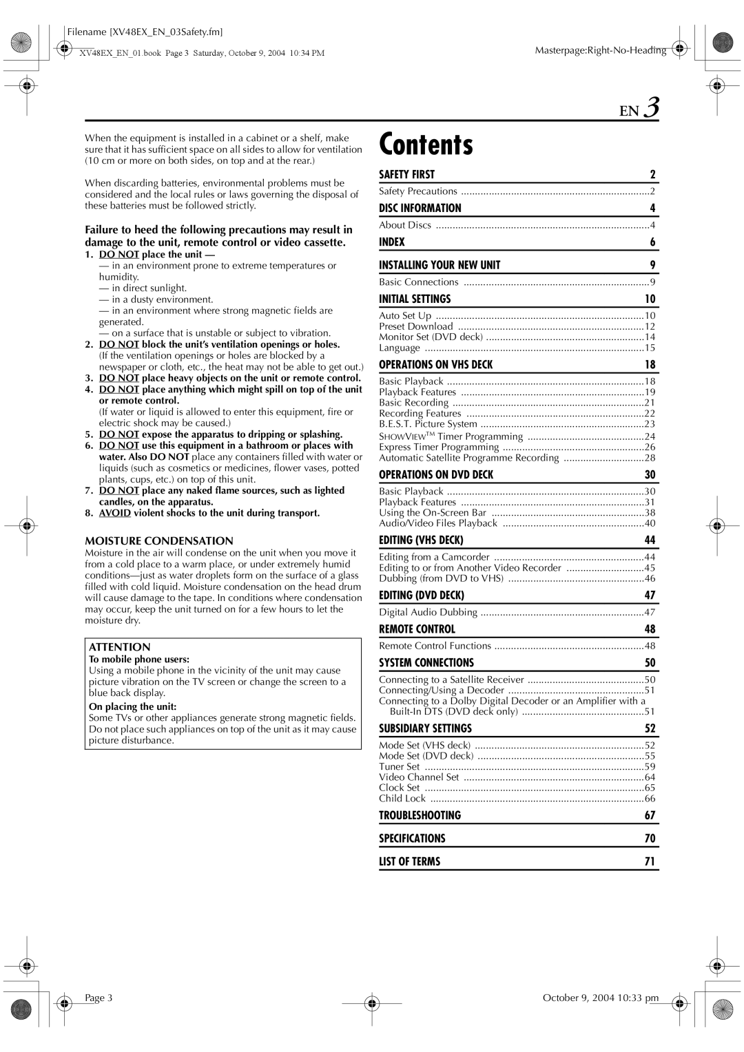 JVC HR-XV48E manual Contents 