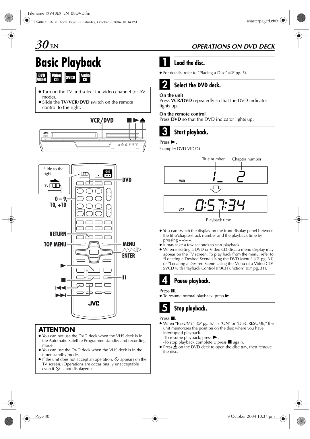 JVC HR-XV48E manual 30 EN, Load the disc, Pause playback 