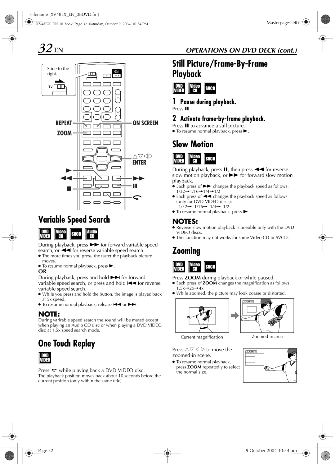 JVC HR-XV48E manual 32 EN, Still Picture/Frame-By-Frame, Zooming, Press 9 to advance a still picture 