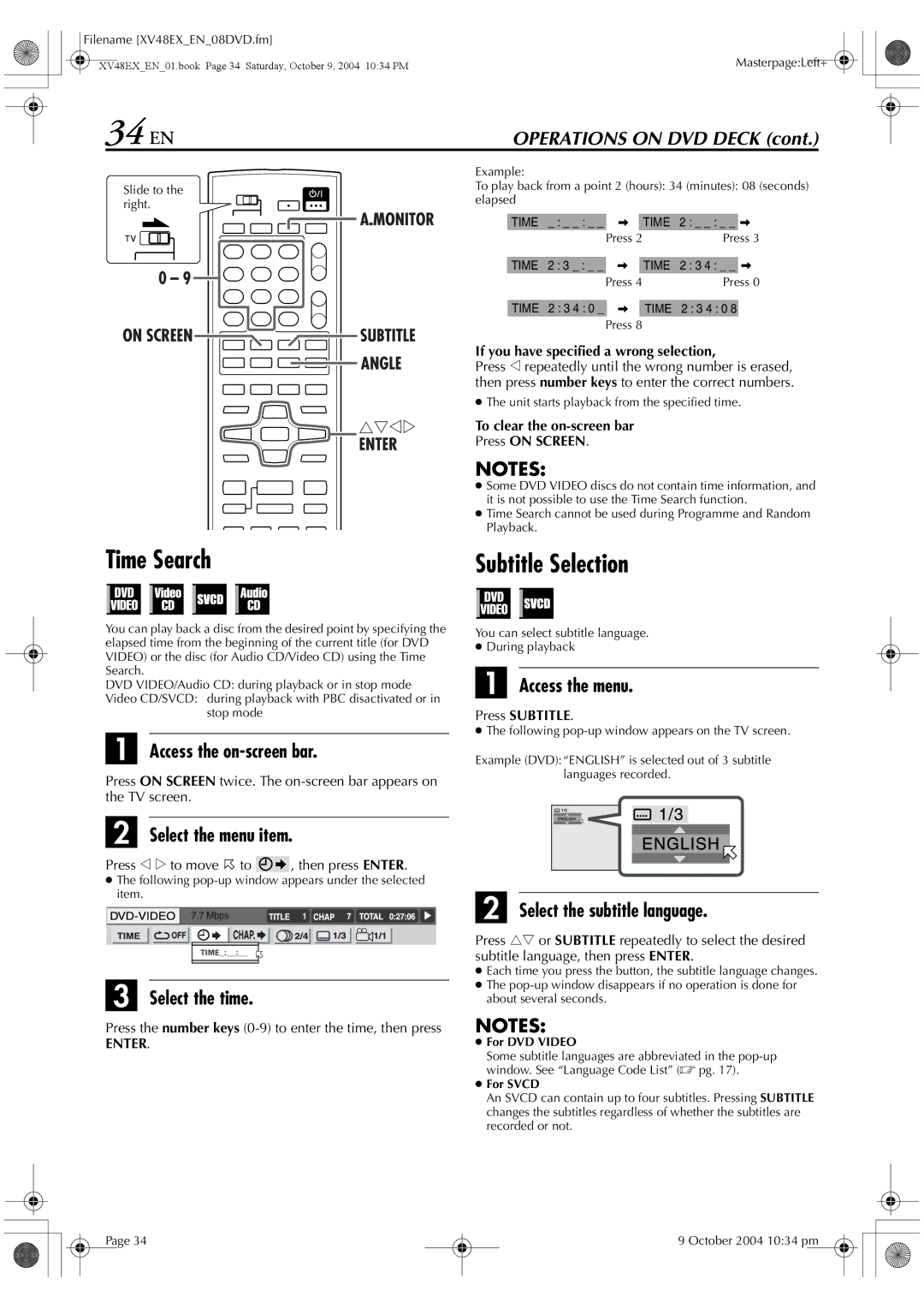 JVC HR-XV48E manual 34 EN, Time Search, Operations on DVD Deck, Access the menu, Select the subtitle language 