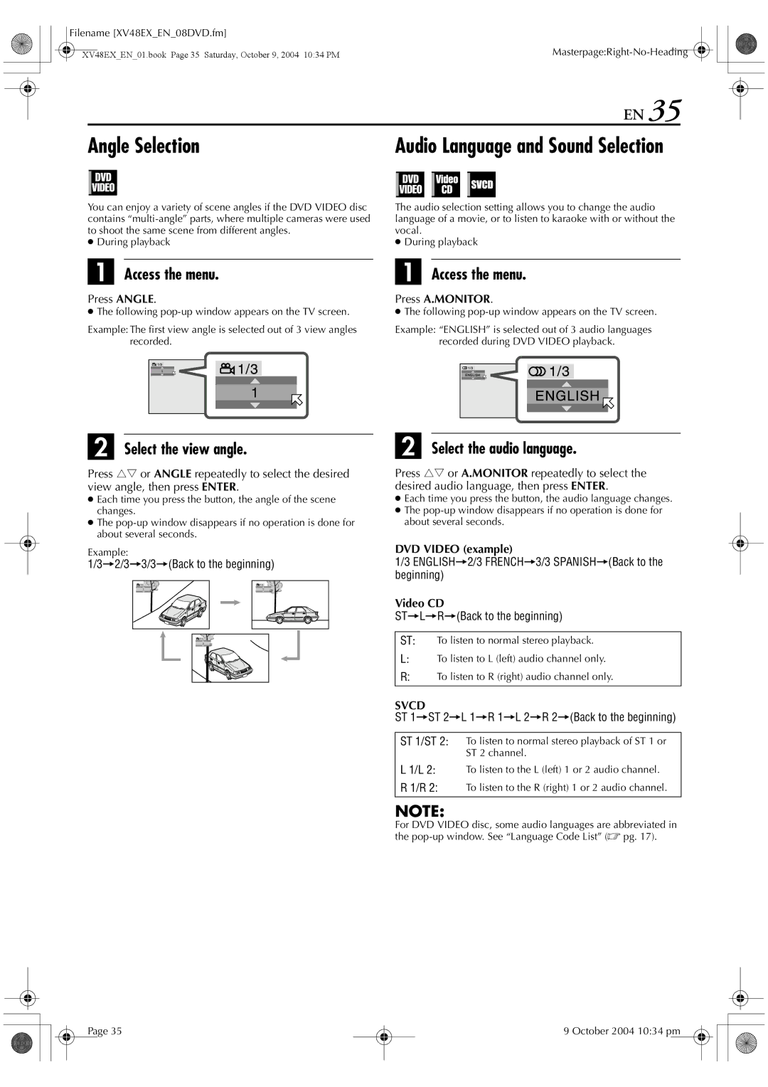 JVC HR-XV48E manual Angle Selection, Select the view angle, Select the audio language 