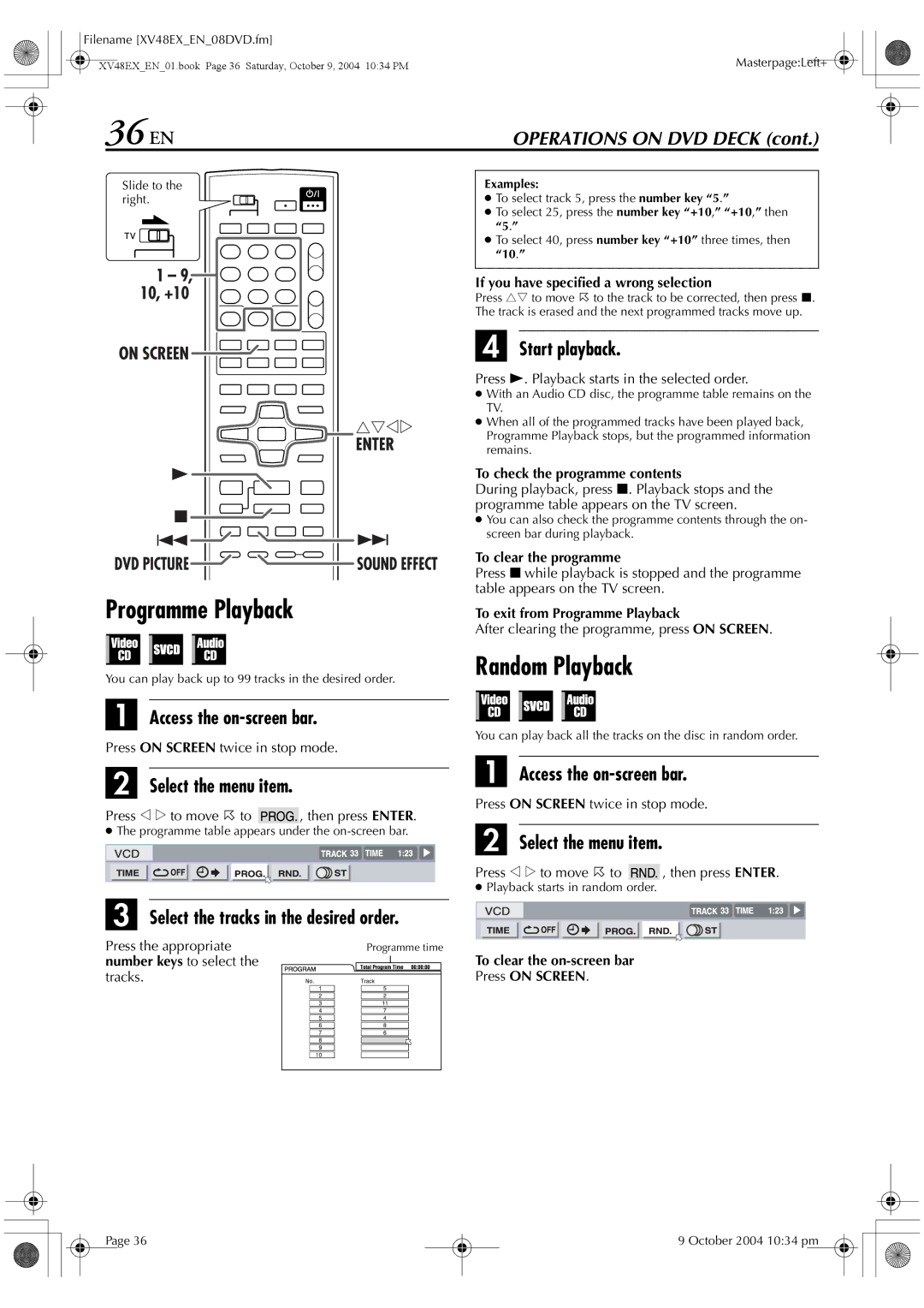 JVC HR-XV48E manual 36 EN, Programme Playback, Random Playback 