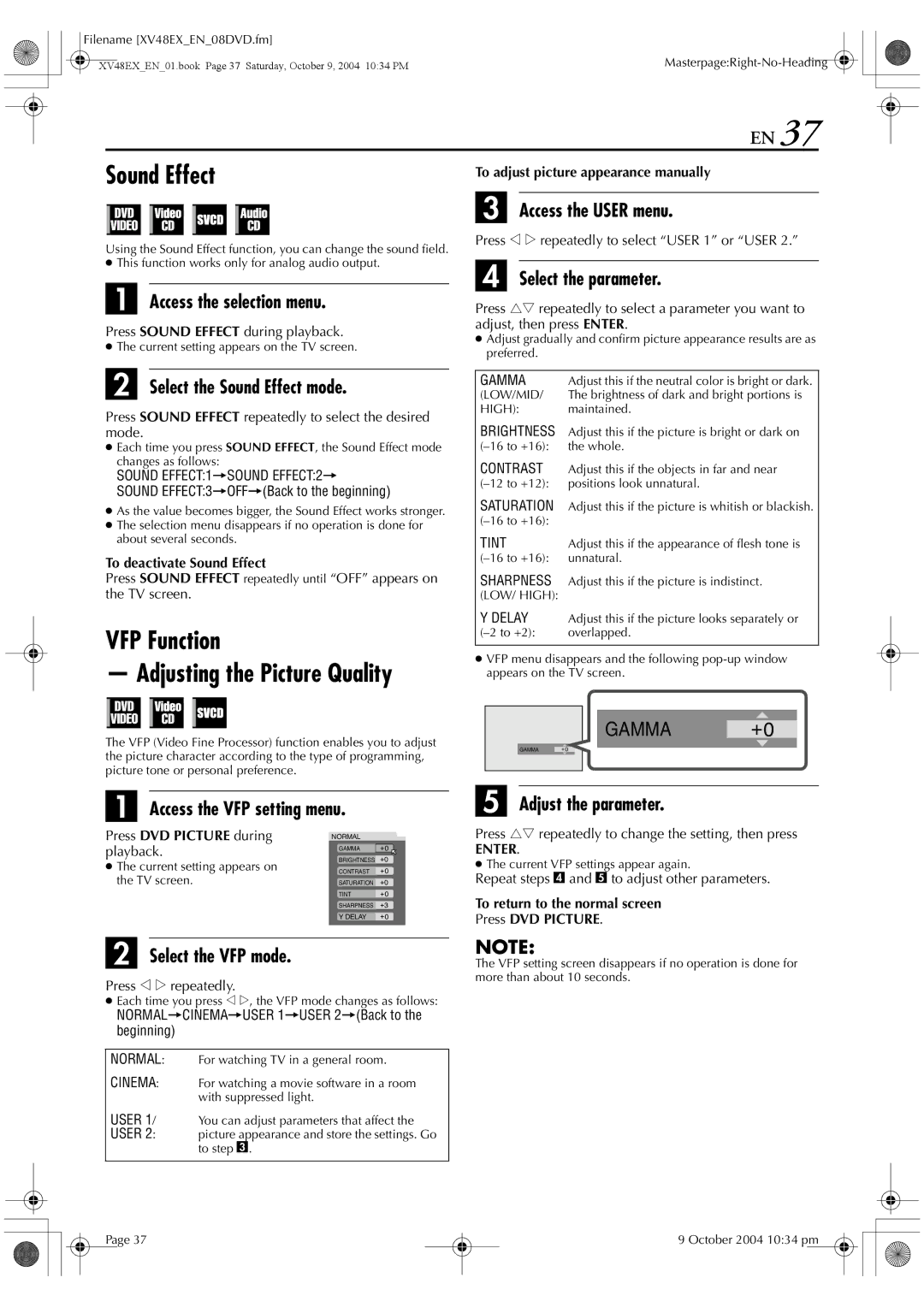 JVC HR-XV48E manual Sound Effect, VFP Function Adjusting the Picture Quality 