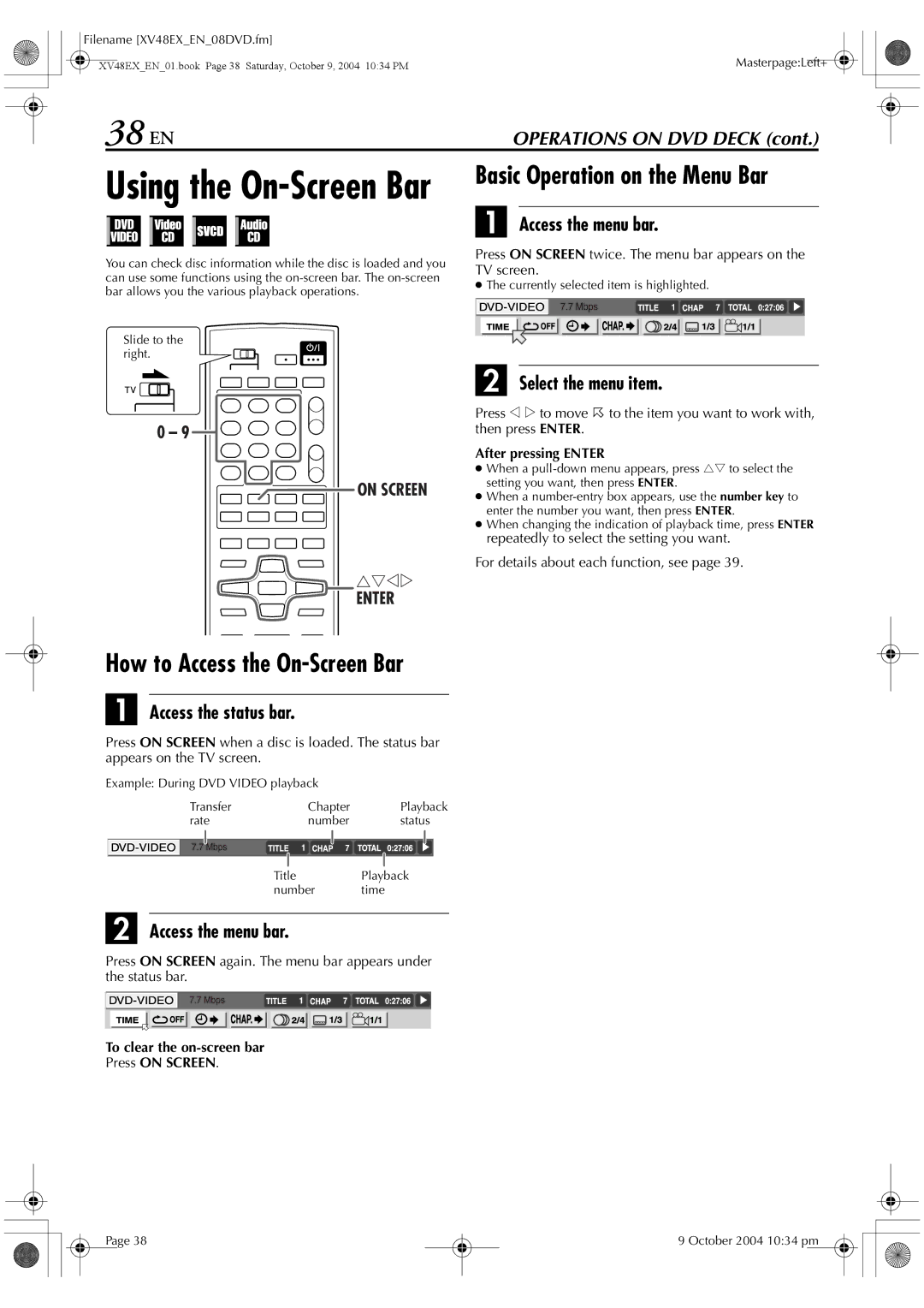 JVC HR-XV48E manual 38 EN, How to Access the On-Screen Bar, Access the menu bar, Access the status bar 